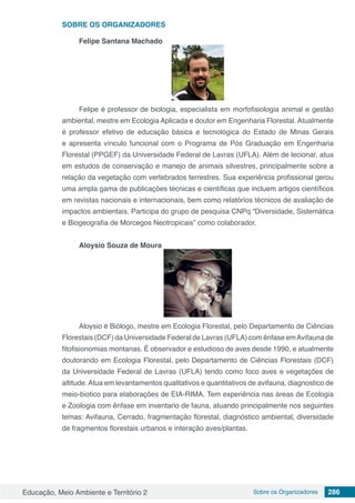 Educação, Meio Ambiente e Território 2 Sobre os Organizadores 286
SOBRE OS ORGANIZADORES
Felipe Santana Machado
Felipe é professor de biologia, especialista em morfofisiologia animal e gestão
ambiental, mestre em Ecologia Aplicada e doutor em Engenharia Florestal. Atualmente
é professor efetivo de educação básica e tecnológica do Estado de Minas Gerais
e apresenta vínculo funcional com o Programa de Pós Graduação em Engenharia
Florestal (PPGEF) da Universidade Federal de Lavras (UFLA). Além de lecionar, atua
em estudos de conservação e manejo de animais silvestres, principalmente sobre a
relação da vegetação com vertebrados terrestres. Sua experiência profissional gerou
uma ampla gama de publicações técnicas e científicas que incluem artigos científicos
em revistas nacionais e internacionais, bem como relatórios técnicos de avaliação de
impactos ambientais. Participa do grupo de pesquisa CNPq “Diversidade, Sistemática
e Biogeografia de Morcegos Neotropicais” como colaborador.
Aloysio Souza de Moura
Aloysio é Biólogo, mestre em Ecologia Florestal, pelo Departamento de Ciências
Florestais (DCF) da Universidade Federal de Lavras (UFLA) com ênfase emAvifauna de
fitofisionomias montanas. É observador e estudioso de aves desde 1990, e atualmente
doutorando em Ecologia Florestal, pelo Departamento de Ciências Florestais (DCF)
da Universidade Federal de Lavras (UFLA) tendo como foco aves e vegetações de
altitude.Atua em levantamentos qualitativos e quantitativos de avifauna, diagnostico de
meio-biotico para elaborações de EIA-RIMA. Tem experiência nas áreas de Ecologia
e Zoologia com ênfase em inventario de fauna, atuando principalmente nos seguintes
temas: Avifauna, Cerrado, fragmentação florestal, diagnóstico ambiental, diversidade
de fragmentos florestais urbanos e interação aves/plantas.
 
