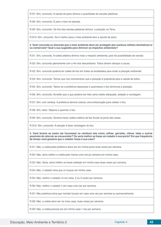 Educação, Meio Ambiente e Território 2 Capítulo 4 42
R.S7: Sim, concordo. A sacola de pano diminui a quantidade de sacolas plásticas.
R.S8: Sim, concordo. É para o bem do planeta.
R.S9: Sim, concordo. Os fins das sacolas plásticas diminui a poluição na Terra.
R.S10: Sim, concordo. Se é melhor para o meio ambiente levo a sacola de pano.
3. Você concorda ou discorda que o meio ambiente deve ser protegido dos resíduos sólidos domésticos e/
ou comerciais? Qual a sua sugestão para diminuir os impactos ambientais?
R.S1: Sim, concordo. A coleta seletiva diminui mais o impacto ambiental, pois há possibilidade de reciclar.
R.S2: Sim, concordo plenamente com o fim dos descartáveis. Todos devem abraçar a causa.
R.S3: Sim, concordo poderia ter coleta de lixo em todas as localidades para evitar a poluição ambiental.
R.S4: Sim, concordo. Temos que nos conscientizar que a poluição é prejudicial para a saúde de todos.
R.S5: Sim, concordo. Talvez se a prefeitura separasse e queimasse o lixo diminuiria a poluição.
R.S6: Sim, concordo. Acredito que o que poderia ser feito seria coleta adequada, seleção e reciclagem.
R.S7: Sim, com certeza. A prefeitura deveria colocar uma embarcação para coletar o lixo.
R.S8: Sim, claro. Separar e queimar o lixo.
R.S9: Sim, concordo. Deveria haver coleta coletiva de lixo fluvial na porta das casas.
R.S10: Sim, concordo. A solução é fazer reciclagem do lixo.
4. Você levaria ao posto (se houvesse) os resíduos tais como, pilhas, garrafas, vidros, latas e outros
possíveis de retornar ao consumidor? Ou seria melhor se fosse um catador à sua porta? Em que frequência
de tempo você gostaria que o catador fosse à sua casa?
R.S1: Não, a coleta pela prefeitura deve ser em minha porta duas vezes por semana.
R.S2: Não, seria melhor a coleta pelo menos uma vez pó semana em minha casa.
R.S3: Não. Seria, seria melhor se fosse coletado em minha casa duas vezes por semana.
R.S4: Não, o catador teria que vir buscar em minha casa.
R.S5: Não, melhor o catador vir em casa, 2 ou 3 vezes por semana.
R.S6: Não, melhor o catador ir em casa uma vez por semana.
R.S7: Não prefeitura teria que mandar buscar em casa uma vez por semana ou quinzenalmente.
R.S8: Não, a coleta deve ser na mina casa, duas vezes por semana.
R.S9: Não, a coleta precisa ser em minha casa 1 vez por semana.
 