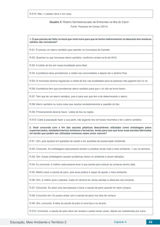 Educação, Meio Ambiente e Território 2 Capítulo 4 43
R.S10: Não, o catador deve ir em casa.
Quadro 2: Roteiro Semiestruturado de Entrevista na Ilha do Caciri
Fonte: Pesquisa de Campo (2014)
1. O que precisa ser feito no local que você mora para que se tenha melhoramento no descarte dos resíduos
sólidos não recicláveis?
R.S1: É preciso um aterro sanitário para atender os municípios de Cametá.
R.S2: Queimar ou que houvesse aterro sanitário, conforme consta na lei de 2010.
R.S3: A coleta de lixo em nossa localidade seria ideal.
R.S4: A prefeitura deve providenciar a coleta nas comunidades e depois dar o destino final.
R.S5: O município deveria regularizar a coleta de lixo nas localidades para as pessoas não jogarem lixo no rio.
R.S6: A prefeitura tem que providenciar aterro sanitário para que o rio não se torne lixeiro.
R.S7: Tem que ter um aterro sanitário, pois é para isso que tem a lei determinando o aterro.
R.S8: Aterro sanitário ou outra coisa que resolva verdadeiramente a questão do lixo.
R.S9: Primeiramente deveria haver coleta de lixo na região.
R.S10: Cabe à população fazer a sua parte, não jogando lixo em locais incorretos e ter o aterro sanitário
2. Você concorda com o fim das sacolas plásticas descartáveis utilizadas como embalagem pelos
supermercados, estabelecimentos similares e farmácias, tendo para isso que levar suas sacolas fabricadas
em tecido que podem ser utilizadas inúmeras vezes como volume?
R.S1: Sim, pois ajudará em questões de saúde e em questões de preservação ambiental.
R.S2: Concordo. As embalagens descartáveis tendem a entulhar ainda mais o meio ambiente. 1 vez na semana.
R.S3: Sim. Essas embalagens causam problemas sérios no ambiente e duram décadas.
R.S4: Eu concordo, é melhor cada pessoa levar a sua sacola para colocar as compras dentro dela.
R.S5: Melhor levar a sacola de pano, pois essa prática é capaz de ajudar o meio ambiente.
R.S6: Sim, é melhor para o planeta. Cada um deveria ter várias sacolas e utilizá-las nas compras.
R.S7: Concordo. Eu serei uma das pessoas a levar a sacola de pano quando for fazer compra.
R.S8: Concordo sim. Eu posso andar com a sacola de pano nos dias de compra.
R.S9: Sim, concordo. A ideia da sacola de pano é uma boa e eu levaria.
R.S10: Concordo, a sacola de pano deve ser lavada e usada várias vezes, depois ser substituídas por outra.
 