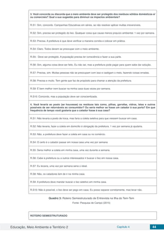 Educação, Meio Ambiente e Território 2 Capítulo 4 44
3. Você concorda ou discorda que o meio ambiente deve ser protegido dos resíduos sólidos domésticos e/
ou comerciais? Qual a sua sugestão para diminuir os impactos ambientais?
R.S1: Sim, concordo. Campanhas Educativas em séries, se não resolver aplicar multas irreversíveis.
R.S2: Sim, precisa ser protegido do lixo. Qualquer coisa que cause menos prejuízo ambiental. 1 vez por semana.
R.S3: Precisa. A prefeitura é que deve verificar a maneira correta e colocar em prática.
R.S4: Claro. Todos devem se preocupar com o meio ambiente.
R.S5: Deve ser protegido. A população precisa ter consciência e fazer a sua parte.
R.S6: Sim, alguma coisa deve ser feito. Eu não sei, mas a prefeitura pode pagar para quem sabe dar solução.
R.S7: Precisa, sim. Muitas pessoas não se preocupam com isso e castigam o meio, fazendo coisas erradas.
R.S8: Precisa e muito. Tem gente que faz de propósito para chamar a atenção da prefeitura.
R.S9: É bem melhor irem buscar na minha casa duas vezes por semana.
R.S10: Concordo, mas a população deve ser conscientizada.
4. Você levaria ao posto (se houvesse) os resíduos tais como, pilhas, garrafas, vidros, latas e outros
possíveis de ser retornáveis ao consumidor? Ou seria melhor se fosse um catador à sua porta? Em que
frequência de tempo você gostaria que o catador fosse à sua casa?
R.S1: Não levaria a posto de troca, mas faria a coleta seletiva para que viessem buscar em casa.
R.S2: Não levaria, fazer a coleta em domicílio é obrigação da prefeitura. 1 vez por semana já ajudaria.
R.S3: Não, a prefeitura deve fazer a coleta em casa ou no comércio.
R.S4: O certo é o catador passar em nossa casa uma vez por semana
R.S5: Seria melhor a coleta em minha casa, uma vez durante a semana.
R.S6: Cabe à prefeitura ou a outros interessados ir buscar o lixo em nossa casa.
R.S7: Eu levaria, uma vez por semana seria o ideal.
R.S8: Não, os catadores tem de ir na minha casa.
R.S9: A prefeitura deve mandar buscar o lixo seletivo em minha casa.
R.S10: Não é possível, o lixo deve ser pego em casa. Eu posso separar corretamente, mas levar não.
Quadro 3: Roteiro Semiestruturado de Entrevista na Ilha do Tem-Tem
Fonte: Pesquisa de Campo (2015)
ROTEIRO SEMIESTRUTURADO
 