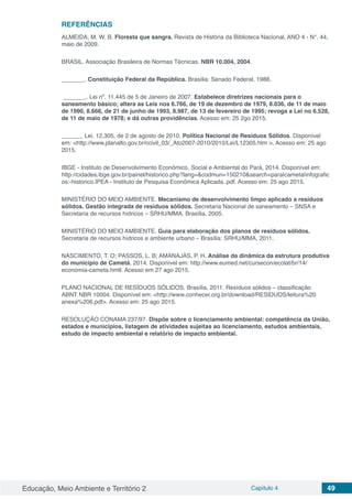 Educação, Meio Ambiente e Território 2 Capítulo 4 49
REFERÊNCIAS
ALMEIDA, M. W. B. Floresta que sangra. Revista de História da Biblioteca Nacional, ANO 4 - N°. 44,
maio de 2009.
BRASIL. Associação Brasileira de Normas Técnicas. NBR 10.004, 2004.	
_______. Constituição Federal da República. Brasília: Senado Federal, 1988.
_______. Lei nº. 11.445 de 5 de Janeiro de 2007. Estabelece diretrizes nacionais para o
saneamento básico; altera as Leis nos 6.766, de 19 de dezembro de 1979, 8.036, de 11 de maio
de 1990, 8.666, de 21 de junho de 1993, 8.987, de 13 de fevereiro de 1995; revoga a Lei no 6.528,
de 11 de maio de 1978; e dá outras providências. Acesso em: 25 2go 2015.
______. Lei. 12.305, de 2 de agosto de 2010. Política Nacional de Resíduos Sólidos. Disponível
em: <http://www.planalto.gov.br/ccivil_03/_Ato2007-2010/2010/Lei/L12305.htm >. Acesso em: 25 ago
2015.
IBGE - Instituto de Desenvolvimento Econômico, Social e Ambiental do Pará, 2014. Disponível em:
http://cidades.ibge.gov.br/painel/historico.php?lang=&codmun=150210&search=para|cameta|infografic
os:-historico.IPEA - Instituto de Pesquisa Econômica Aplicada..pdf. Acesso em: 25 ago 2015.
MINISTÉRIO DO MEIO AMBIENTE. Mecanismo de desenvolvimento limpo aplicado a resíduos
sólidos. Gestão integrada de resíduos sólidos. Secretaria Nacional de saneamento – SNSA e
Secretaria de recursos hídricos – SRHU/MMA. Brasília, 2005.
MINISTÉRIO DO MEIO AMBIENTE. Guia para elaboração dos planos de resíduos sólidos.
Secretaria de recursos hídricos e ambiente urbano – Brasília: SRHU/MMA, 2011.
NASCIMENTO, T. O; PASSOS, L. B; AMANAJÁS, P. H. Análise da dinâmica da estrutura produtiva
do município de Cametá. 2014. Disponível em: http://www.eumed.net/cursecon/ecolat/br/14/
economia-cameta.hmtl. Acesso em 27 ago 2015.
PLANO NACIONAL DE RESÍDUOS SÓLIDOS. Brasília, 2011. Resíduos sólidos – classificação
ABNT NBR 10004. Disponível em: <http://www.conhecer.org.br/download/RESIDUOS/leitura%20
anexa%206.pdf>. Acesso em: 25 ago 2015.
RESOLUÇÃO CONAMA 237/97. Dispõe sobre o licenciamento ambiental: competência da União,
estados e municípios, listagem de atividades sujeitas ao licenciamento, estudos ambientais,
estudo de impacto ambiental e relatório de impacto ambiental.
 