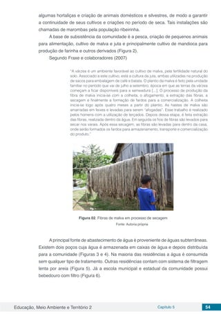 Educação, Meio Ambiente e Território 2 Capítulo 5 54
algumas hortaliças e criação de animais domésticos e silvestres, de modo a garantir
a continuidade de seus cultivos e criações no período de seca. Tais instalações são
chamadas de marombas pela população ribeirinha.
A base de subsistência da comunidade é a pesca, criação de pequenos animais
para alimentação, cultivo de malva e juta e principalmente cultivo de mandioca para
produção de farinha e outros derivados (Figura 2).
Segundo Fraxe e colaboradores (2007)
“A várzea é um ambiente favorável ao cultivo de malva, pela fertilidade natural do
solo. Associado a este cultivo, está a cultura da juta, ambas utilizadas na produção
de sacos para embalagem de café e batata. O plantio da malva é feito pela unidade
familiar no período que vai de julho a setembro, época em que as terras da várzea
começam a ficar disponíveis para a semeadura [...]. O processo de produção da
fibra de malva inicia-se com a colheita, o afogamento, a extração das fibras, a
secagem e finalmente a formação de fardos para a comercialização. A colheita
inicia-se logo após quatro meses a partir do plantio. As hastes de malva são
amarradas em feixes e levadas para serem “afogadas”. Esse trabalho é realizado
pelos homens com a utilização de terçados. Depois dessa etapa, é feita extração
das fibras, realizada dentro da água. Em seguida os fios de fibras são levados para
secar nos varais. Após essa secagem, as fibras são levadas para dentro da casa,
onde serão formados os fardos para armazenamento, transporte e comercialização
do produto.”
Figura 02. Fibras de malva em processo de secagem
Fonte: Autoria própria
A principal fonte de abastecimento de água é proveniente de águas subterrâneas.
Existem dois poços cuja água é armazenada em caixas de água e depois distribuída
para a comunidade (Figuras 3 e 4). Na maioria das residências a água é consumida
sem qualquer tipo de tratamento. Outras residências contam com sistema de filtragem
lenta por areia (Figura 5). Já a escola municipal e estadual da comunidade possui
bebedouro com filtro (Figura 6).
 
