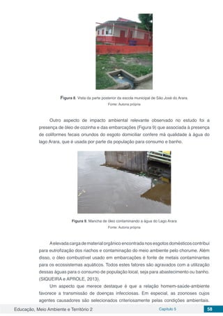 Educação, Meio Ambiente e Território 2 Capítulo 5 58
Figura 8. Vista da parte posterior da escola municipal de São José do Arara.
Fonte: Autoria própria
Outro aspecto de impacto ambiental relevante observado no estudo foi a
presença de óleo de cozinha e das embarcações (Figura 9) que associada à presença
de coliformes fecais oriundos do esgoto domiciliar confere má qualidade à água do
lago Arara, que é usada por parte da população para consumo e banho.
Figura 9. Mancha de óleo contaminando a água do Lago Arara
Fonte: Autoria própria
Aelevada cargadematerialorgânico encontrada nosesgotosdomésticoscontribui
para eutrofização dos riachos e contaminação do meio ambiente pelo chorume. Além
disso, o óleo combustível usado em embarcações é fonte de metais contaminantes
para os ecossistemas aquáticos. Todos estes fatores são agravados com a utilização
dessas águas para o consumo de população local, seja para abastecimento ou banho.
(SIQUEIRA e APROLE, 2013).
Um aspecto que merece destaque é que a relação homem-saúde-ambiente
favorece a transmissão de doenças infecciosas. Em especial, as zoonoses cujos
agentes causadores são selecionados criteriosamente pelas condições ambientais.
 