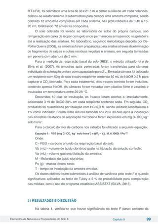 Elementos da Natureza e Propriedades do Solo 6 Capítulo 9 99
MT e PA), foi delimitada uma área de 33 x 21,6 m, e com o auxílio de um trado holandês,
coletou-se aleatoriamente 3 subamostras para compor uma amostra composta, sendo
coletado 12 amostras compostas em cada sistema, nas profundidades de 0-10 e 10-
20 cm, totalizando 72 amostras compostas.
O solo coletado foi levado ao laboratório de solos do próprio campus, sob
refrigeração em caixa de isopor com gelo onde permaneceu armazenado na geladeira
até a realização das análises. No laboratório, seguindo metodologia descrita por De-
Polli e Guerra (2008), as amostras foram preparadas para análise através da eliminação
de fragmentos de raízes e outros resíduos vegetais e animais, em seguida tamisadas
em peneira com abertura de 2 mm.
Para a medição da respiração basal do solo (RBS), o método utilizado foi o de
Silva et al. (2007). As amostras após peneiradas foram transferidas para câmaras
individuais de coloração preta e com capacidade para 2 L. Em cada câmara foi colocado
um recipiente com 50 g de solo e outro recipiente contendo 50 mL de NaOH 0,5 N para
capturar o CO2
libertado. Para cada tratamento, dois frascos controle foram incluídos,
contendo apenas NaOH. As câmaras foram vedadas com plástico filme e vaselina e
incubadas em temperatura entre 25-28 °C.
Decorridos 10 dias de incubação, os frascos foram abertos e, imediatamente,
adicionado 3 ml de BaCl2 30% em cada recipiente contendo soda. Em seguida, CO2
produzido foi quantificado por titulação com HCl 0,3 M, sendo utilizado fenolftaleína a
1% como indicador. Foram feitas leituras também aos 20 e 30 dias após a incubação
das amostras.Os dados da respiração microbiana foram expressos em mg C- CO2
kg-1
solo hora-1
.
Para o cálculo do teor de carbono nos extratos foi utilizado a seguinte equação:
Equação 1: RBS (mg C- CO2
kg-1
solo hora-1
) = ((Vb
– Va
). M. 6.1000) / Ps/ T
Onde:
C - RBS = carbono oriundo da respiração basal do solo;
Vb (mL) - volume de ácido clorídrico gasto na titulação da solução controle;
Va (mL) - volume gastona titulação da amostra;
M - Molaridade do ácido clorídrico;
Ps (g) - massa desolo seco;
T - tempo de incubação da amostra em dias.
Os dados obtidos foram submetidos à análise de variância pelo teste F e quando
significativos aplicados ao teste de Tukey a 5 % de probabilidade para comparação
das médias, com o uso do programa estatístico ASSISTAT (SILVA, 2016).
3 | RESULTADOS E DISCUSSÃO
Na tabela 1, verifica-se que houve significância no teste F parao carbono da
 