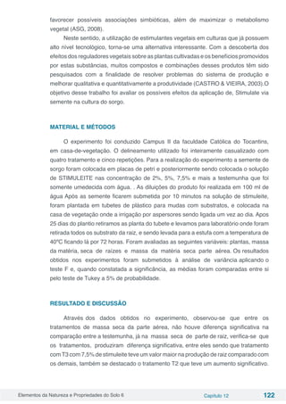 Elementos da Natureza e Propriedades do Solo 6 Capítulo 12 122
favorecer possíveis associações simbióticas, além de maximizar o metabolismo
vegetal (ASG, 2008).
Neste sentido, a utilização de estimulantes vegetais em culturas que já possuem
alto nível tecnológico, torna-se uma alternativa interessante. Com a descoberta dos
efeitos dos reguladores vegetais sobre as plantas cultivadas e os benefícios promovidos
por estas substâncias, muitos compostos e combinações desses produtos têm sido
pesquisados com a finalidade de resolver problemas do sistema de produção e
melhorar qualitativa e quantitativamente a produtividade (CASTRO & VIEIRA, 2003).O
objetivo desse trabalho foi avaliar os possíveis efeitos da aplicação de, Stimulate via
semente na cultura do sorgo.
MATERIAL E MÉTODOS
O experimento foi conduzido Campus II da faculdade Católica do Tocantins,
em casa-de-vegetação. O delineamento utilizado foi inteiramente casualizado com
quatro tratamento e cinco repetições. Para a realização do experimento a semente de
sorgo foram colocada em placas de petri e posteriormente sendo colocada o solução
de STIMULEITE nas concentração de 2%, 5%, 7,5% e mais a testemunha que foi
somente umedecida com água. . As diluições do produto foi realizada em 100 ml de
água Após as semente ficarem submetida por 10 minutos na solução de stimuleite,
foram plantada em tubetes de plástico para mudas com substratos, e colocada na
casa de vegetação onde a irrigação por aspersores sendo ligada um vez ao dia. Apos
25 dias do plantio retiramos as planta do tubete e levamos para laboratório onde foram
retirada todos os substrato da raiz, e sendo levada para a estufa com a temperatura de
40ºC ficando lá por 72 horas. Foram avaliadas as seguintes variáveis: plantas, massa
da matéria, seca de raízes e massa da matéria seca parte aérea. Os resultados
obtidos nos experimentos foram submetidos à análise de variância aplicando o
teste F e, quando constatada a significância, as médias foram comparadas entre si
pelo teste de Tukey a 5% de probabilidade.
RESULTADO E DISCUSSÃO
Através dos dados obtidos no experimento, observou-se que entre os
tratamentos de massa seca da parte aérea, não houve diferença significativa na
comparação entre a testemunha, já na massa seca de parte de raiz, verifica-se que
os tratamentos, produziram diferença significativa, entre eles sendo que tratamento
com T3 com 7,5% de stimuleite teve um valor maior na produção de raiz comparado com
os demais, também se destacado o tratamento T2 que teve um aumento significativo.
 