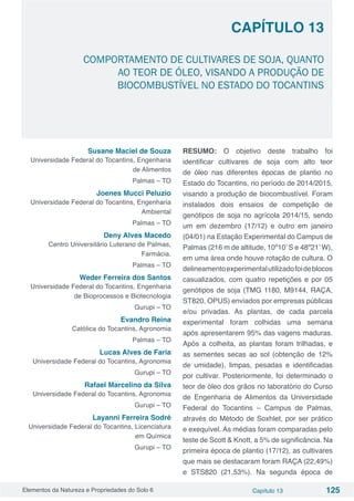 Elementos da Natureza e Propriedades do Solo 6 Capítulo 13 125
Capítulo 13
COMPORTAMENTO DE CULTIVARES DE SOJA, QUANTO
AO TEOR DE ÓLEO, VISANDO A PRODUÇÃO DE
BIOCOMBUSTÍVEL NO ESTADO DO TOCANTINS
Susane Maciel de Souza
Universidade Federal do Tocantins, Engenharia
de Alimentos
Palmas – TO
Joenes Mucci Peluzio
Universidade Federal do Tocantins, Engenharia
Ambiental
Palmas – TO
Deny Alves Macedo
Centro Universitário Luterano de Palmas,
Farmácia.
Palmas – TO
Weder Ferreira dos Santos
Universidade Federal do Tocantins, Engenharia
de Bioprocessos e Biotecnologia
Gurupi – TO
Evandro Reina
Católica do Tocantins, Agronomia
Palmas – TO
Lucas Alves de Faria
Universidade Federal do Tocantins, Agronomia
Gurupi – TO
Rafael Marcelino da Silva
Universidade Federal do Tocantins, Agronomia
Gurupi – TO
Layanni Ferreira Sodré
Universidade Federal do Tocantins, Licenciatura
em Química
Gurupi – TO
RESUMO: O objetivo deste trabalho foi
identificar cultivares de soja com alto teor
de óleo nas diferentes épocas de plantio no
Estado do Tocantins, no período de 2014/2015,
visando a produção de biocombustível. Foram
instalados dois ensaios de competição de
genótipos de soja no agrícola 2014/15, sendo
um em dezembro (17/12) e outro em janeiro
(04/01) na Estação Experimental do Campus de
Palmas (216 m de altitude, 10º10’ S e 48º21’ W),
em uma área onde houve rotação de cultura. O
delineamentoexperimentalutilizadofoideblocos
casualizados, com quatro repetições e por 05
genótipos de soja (TMG 1180, M9144, RAÇA,
ST820, OPUS) enviados por empresas públicas
e/ou privadas. As plantas, de cada parcela
experimental foram colhidas uma semana
após apresentarem 95% das vagens maduras.
Após a colheita, as plantas foram trilhadas, e
as sementes secas ao sol (obtenção de 12%
de umidade), limpas, pesadas e identificadas
por cultivar. Posteriormente, foi determinado o
teor de óleo dos grãos no laboratório do Curso
de Engenharia de Alimentos da Universidade
Federal do Tocantins – Campus de Palmas,
através do Método de Soxhlet, por ser prático
e exequível. As médias foram comparadas pelo
teste de Scott & Knott, a 5% de significância. Na
primeira época de plantio (17/12), as cultivares
que mais se destacaram foram RAÇA (22,49%)
e STS820 (21,53%). Na segunda época de
 