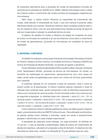 Elementos da Natureza e Propriedades do Solo 6 Capítulo 14 132
de substratos alternativos para a produção de mudas de jabuticabeira oriundas de
sementes já foi estudado por SASSO et al. (2008), faltando informações sobre o efeito
dos mesmos sobre o crescimento das mudas oriundas da propagação vegetativa por
mini-estaquia.
Além disso, o regime hídrico influencia na capacidade de crescimento das
mudas, ideal atender à necessidade da muda, o que nem sempre é possível, pelas
diferenças diárias que ocorrem. Buscando melhorar estas condições pode-se fazer o
uso de cobertura morta, uma vez que está proporciona redução da perda de água do
solo por evaporação e redução na amplitude térmica do solo.
O objetivo do trabalho foi avaliar a influência da adição de composto de cama
de aviário na formação do substrato e do uso de cobertura morta sobre o crescimento
de mudas de jabuticabeiras, provindas de mini-estacas em condições de casa de
vegetação.
2 | MATERIAL E MÉTODOS
O trabalho foi realizado na área experimental da UniversidadeTecnológica Federal
do Paraná, Câmpus de Dois Vizinhos; na Unidade de Ensino e Pesquisa (UNEPE) de
Viveiro de Produção de Mudas Hortícolas, no período de agosto a dezembro.
Foram utilizadas mudas de jabuticabeira Plinia cauliflora (Mart.) Kausel, conhecida
como “jabuticabeira híbrida”, provindas da técnica da mini-estaquia. As mudas, no
momento da implantação do experimento, apresentavam-se com nove meses de
idade, sendo então transplantadas para vasos com volume de 20 litros, preenchidos
com substrato.
O substrato utilizado foi um composto a base de Latossolo, areia e cama de
aviário curtida ou já decomposta. A mistura contendo apenas Latossolo e areia foi
utilizada como substrato base, sendo incorporado a este as diferentes proporções de
mistura com composto de cama de aviário. Foram formadas então cinco misturas com
as seguintes proporções: a) substrato base com Latossolo + areia (2:1 v/v) – S1; b)
cama de aviário + Latossolo + areia (0,5:2:1 v/v/v) – S2; c) cama de aviário + Latossolo
+ areia (1:2:1v/v/v) – S3; d) cama de aviário + Latossolo + areia (1,5:2:1 v/v/v) – S4; e)
cama de aviário + Latossolo + areia (2:2:1 v/v/v – S5).
Como cobertura morta foi utilizada palhada da cultura de feijão guandu (Cajanus
cajan),provenientedecultivonaUNEPECulturasAnuais. Parautilizaçãonoslisímetros,
as plantas adultas foram colhidas e trituradas, secas em estufa e posteriormente
pesadas e distribuídas em cada unidade experimental.
A densidade de cobertura morta utilizada, em cada lisímetros, foi definida em
10 mg ha-1, o que se equivale a produtividade média da cultura em experimento de
plantas de cobertura, calculada em proporção a área do lisímetro. A cobertura do solo
calculada em base seca, resultou na utilização de 70 g de palhada seca por vaso.
 
