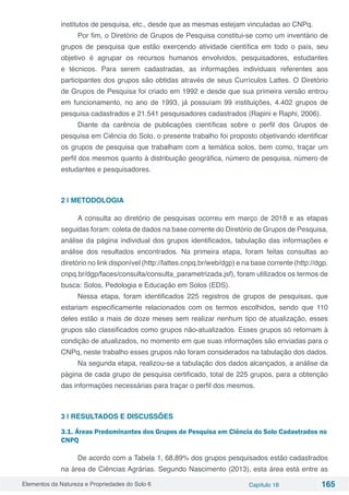 Elementos da Natureza e Propriedades do Solo 6 Capítulo 18 165
institutos de pesquisa, etc., desde que as mesmas estejam vinculadas ao CNPq.
Por fim, o Diretório de Grupos de Pesquisa constitui-se como um inventário de
grupos de pesquisa que estão exercendo atividade científica em todo o país, seu
objetivo é agrupar os recursos humanos envolvidos, pesquisadores, estudantes
e técnicos. Para serem cadastradas, as informações individuais referentes aos
participantes dos grupos são obtidas através de seus Currículos Lattes. O Diretório
de Grupos de Pesquisa foi criado em 1992 e desde que sua primeira versão entrou
em funcionamento, no ano de 1993, já possuíam 99 instituições, 4.402 grupos de
pesquisa cadastrados e 21.541 pesquisadores cadastrados (Rapini e Raphi, 2006).
Diante da carência de publicações científicas sobre o perfil dos Grupos de
pesquisa em Ciência do Solo, o presente trabalho foi proposto objetivando identificar
os grupos de pesquisa que trabalham com a temática solos, bem como, traçar um
perfil dos mesmos quanto à distribuição geográfica, número de pesquisa, número de
estudantes e pesquisadores.
2 | METODOLOGIA
A consulta ao diretório de pesquisas ocorreu em março de 2018 e as etapas
seguidas foram: coleta de dados na base corrente do Diretório de Grupos de Pesquisa,
análise da página individual dos grupos identificados, tabulação das informações e
análise dos resultados encontrados. Na primeira etapa, foram feitas consultas ao
diretório no link disponível (http://lattes.cnpq.br/web/dgp) e na base corrente (http://dgp.
cnpq.br/dgp/faces/consulta/consulta_parametrizada.jsf), foram utilizados os termos de
busca: Solos, Pedologia e Educação em Solos (EDS).
Nessa etapa, foram identificados 225 registros de grupos de pesquisas, que
estariam especificamente relacionados com os termos escolhidos, sendo que 110
deles estão a mais de doze meses sem realizar nenhum tipo de atualização, esses
grupos são classificados como grupos não-atualizados. Esses grupos só retornam à
condição de atualizados, no momento em que suas informações são enviadas para o
CNPq, neste trabalho esses grupos não foram considerados na tabulação dos dados.
Na segunda etapa, realizou-se a tabulação dos dados alcançados, a análise da
página de cada grupo de pesquisa certificado, total de 225 grupos, para a obtenção
das informações necessárias para traçar o perfil dos mesmos.
3 | RESULTADOS E DISCUSSÕES
3.1. Áreas Predominantes dos Grupos de Pesquisa em Ciência do Solo Cadastrados no
CNPQ
De acordo com a Tabela 1, 68,89% dos grupos pesquisados estão cadastrados
na área de Ciências Agrárias. Segundo Nascimento (2013), esta área está entre as
 