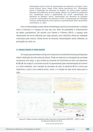 Elementos da Natureza e Propriedades do Solo 6 Capítulo 20 182
Interpretação quanto à forma de representação dos elementos na imagem; (como
ícones diversos, letras, mapas, linhas, figuras geométricas etc.). Interpretação
quanto à distribuição dos elementos na imagem; (as formas podem aparecer
dispostas horizontalmente, de forma isolada, dispersa, em quadros em perspectiva
etc.). Interpretação quanto à especificidade dos ícones: representação dos
elementos da paisagem natural, representação dos elementos da paisagem
construída, representação dos elementos móveis e representação dos elementos
humanos. Apresentação de outros aspectos ou particularidades (2001 apud KOZEL
e NITSCHE p. 31, 2007).
Com a interpretação a partir desta metodologia é possível compreender a relação
entre o indivíduo e o espaço em que ele vive, além de possibilitar o entendimento
de dados quantitativos. De acordo com Santos e Fofonka (2015), o espaço será
interpretado de forma diferente por cada pessoa, com influência direta da realidade
vivenciada pela mesma. Desta forma as diversas interpretações serão refletidas na
percepção de cada um.
3 | RESULTADOS E DISCUSSÃO
OsmapasapresentadosnaFigura01descrevemoentendimentodosparticipantes
sobre a definição de solo antes da oficina. Pode-se observar a concepção de camadas
sucessivas nos solos, o que remete ao conceito de horizontes do solo nos desenhos
A, B e D. No mapa C o conceito de solo foi apresentado pela representação do homem
e o meio ambiente, sem menção às camadas do solo. O desenho D foi o único que
relacionou o solo à sua matéria prima, rocha, e a função do solo como base para a
vida.
Figura 01: Mapas mentais realizados pelos discentes de Geografia (PARFOR- UESC), antes
da oficina de Ciência da Terra.
	 Fonte: Arquivo pessoal (2015).
A B
C D
 
