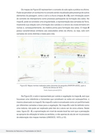 Elementos da Natureza e Propriedades do Solo 6 Capítulo 20 183
Os mapas da Figura 02 representam o conceito do solo após a prática na oficina.
Pode-se perceber um acréscimo no conceito sendo visualizado pela presença de outros
elementos da paisagem, como o sol e a chuva (mapas A e D), com introdução assim
do conceito de intemperismo como processo participante da formação dos solos. No
mapa C, pode-se constatar uma singularidade, a representação das camadas da Terra,
mostrando sua relação com a formação dos vulcões e o renovo da crosta terrestre em
rochas e, consequentemente, da matéria prima para formação dos solos. O mapa B
possui características similares aos executados antes da oficina, ou seja, solo com
camadas de cores distintas e base para vida.
Figura 02: Mapas mentais realizados pelos discentes de geografia (PARFOR-UESC), após a
oficina de Ciência da Terra.
Fonte: Arquivo pessoal (2015).
Na Figura 03, o solo é representado por vulcão e vegetação no mapa A, sem que
houvesse uma referência a horizontes que constituem os solos em subsuperfície, o
mesmo observado no mapa B. No mapa C o solo é conceituado como um perfil formado
por diferentes camadas e base para a vegetação. No mapa D o solo foi definido como
uma rodovia, isto pode ser explicado pelo fato de o aluno ser de zona urbana. Neste
caso, figura 03 - D, a aproximação em nível de escala local faz com que a percepção
se aproprie da utilização te todos os sentidos, e não apenas do ato de ver no processo
de elaboração dos mapas mentais (UNESCO, 1973, p.12).
A B
C D
 