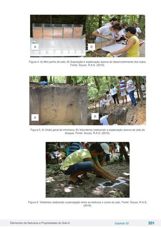 Elementos da Natureza e Propriedades do Solo 6 Capítulo 22 201
Figura 4. A) Mini perfis de solo; B) Exposição e explanação acerca do desenvolvimento dos solos.
Fonte: Souza, R.A.S. (2016).
Figura 5. A) Visão geral da trincheira; B) Voluntários realizando a explanação acerca do solo do
bosque. Fonte: Souza, R.A.S. (2016).
Figura 6. Visitantes realizando a percepção entre as texturas e cores do solo. Fonte: Souza, R.A.S.
(2016).
A B
A B
 