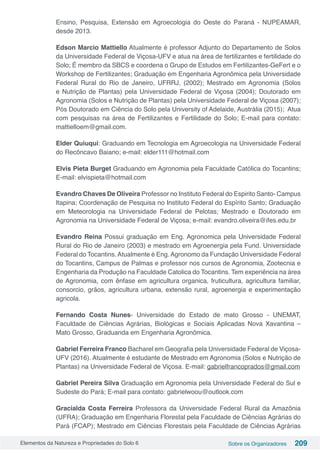 Elementos da Natureza e Propriedades do Solo 6 Sobre os Organizadores 209
Ensino, Pesquisa, Extensão em Agroecologia do Oeste do Paraná - NUPEAMAR,
desde 2013.
Edson Marcio Mattiello Atualmente é professor Adjunto do Departamento de Solos
da Universidade Federal de Viçosa-UFV e atua na área de fertilizantes e fertilidade do
Solo; É membro da SBCS e coordena o Grupo de Estudos em Fertilizantes-GeFert e o
Workshop de Fertilizantes; Graduação em Engenharia Agronômica pela Universidade
Federal Rural do Rio de Janeiro, UFRRJ, (2002); Mestrado em Agronomia (Solos
e Nutrição de Plantas) pela Universidade Federal de Viçosa (2004); Doutorado em
Agronomia (Solos e Nutrição de Plantas) pela Universidade Federal de Viçosa (2007);
Pós Doutorado em Ciência do Solo pela University of Adelaide, Austrália (2015); Atua
com pesquisas na área de Fertilizantes e Fertilidade do Solo; E-mail para contato:
mattielloem@gmail.com.
Elder Quiuqui: Graduando em Tecnologia em Agroecologia na Universidade Federal
do Recôncavo Baiano; e-mail: elder111@hotmail.com
Elvis Pieta Burget Graduando em Agronomia pela Faculdade Católica do Tocantins;
E-mail: elvispieta@hotmail.com
Evandro Chaves De Oliveira Professor no Instituto Federal do Espirito Santo- Campus
Itapina; Coordenação de Pesquisa no Instituto Federal do Espírito Santo; Graduação
em Meteorologia na Universidade Federal de Pelotas; Mestrado e Doutorado em
Agronomia na Universidade Federal de Viçosa; e-mail: evandro.oliveira@ifes.edu.br
Evandro Reina Possui graduação em Eng. Agronomica pela Universidade Federal
Rural do Rio de Janeiro (2003) e mestrado em Agroenergia pela Fund. Universidade
Federal do Tocantins.Atualmente é Eng.Agronomo da Fundação Universidade Federal
do Tocantins, Campus de Palmas e professor nos cursos de Agronomia, Zootecnia e
Engenharia da Produção na Faculdade Catolica do Tocantins. Tem experiência na área
de Agronomia, com ênfase em agricultura organica, fruticultura, agricultura familiar,
consorcio, grãos, agricultura urbana, extensão rural, agroenergia e experimentação
agricola.
Fernando Costa Nunes- Universidade do Estado de mato Grosso - UNEMAT,
Faculdade de Ciências Agrárias, Biológicas e Sociais Aplicadas Nova Xavantina –
Mato Grosso, Graduanda em Engenharia Agronômica.
Gabriel Ferreira Franco Bacharel em Geografia pela Universidade Federal de Viçosa-
UFV (2016). Atualmente é estudante de Mestrado em Agronomia (Solos e Nutrição de
Plantas) na Universidade Federal de Viçosa. E-mail: gabrielfrancoprados@gmail.com
Gabriel Pereira Silva Graduação em Agronomia pela Universidade Federal do Sul e
Sudeste do Pará; E-mail para contato: gabrielwoou@outlook.com
Gracialda Costa Ferreira Professora da Universidade Federal Rural da Amazônia
(UFRA); Graduação em Engenharia Florestal pela Faculdade de Ciências Agrárias do
Pará (FCAP); Mestrado em Ciências Florestais pela Faculdade de Ciências Agrárias
 