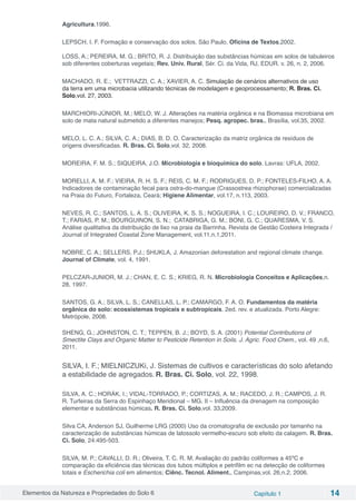 Elementos da Natureza e Propriedades do Solo 6 Capítulo 1 14
Agricultura,1996.
LEPSCH, I. F. Formação e conservação dos solos. São Paulo, Oficina de Textos,2002.
LOSS, A.; PEREIRA, M. G.; BRITO, R. J. Distribuição das substâncias húmicas em solos de tabuleiros
sob diferentes coberturas vegetais; Rev. Univ. Rural, Sér. Ci. da Vida, RJ, EDUR. v. 26, n. 2, 2006.
MACHADO, R. E.; VETTRAZZI, C. A.; XAVIER, A. C. Simulação de cenários alternativos de uso
da terra em uma microbacia utilizando técnicas de modelagem e geoprocessamento; R. Bras. Ci.
Solo,vol. 27, 2003.
MARCHIORI-JÚNIOR, M.; MELO, W. J. Alterações na matéria orgânica e na Biomassa microbiana em
solo de mata natural submetido a diferentes manejos; Pesq. agropec. bras., Brasília, vol.35, 2002.
MELO, L. C. A.; SILVA, C. A.; DIAS, B. D. O. Caracterização da matriz orgânica de resíduos de
origens diversificadas. R. Bras. Ci. Solo,vol. 32, 2008.
MOREIRA, F. M. S.; SIQUEIRA, J.O. Microbiologia e bioquímica do solo. Lavras: UFLA, 2002.
MORELLI, A. M. F.; VIEIRA, R. H. S. F.; REIS, C. M. F.; RODRIGUES, D. P.; FONTELES-FILHO, A. A.
Indicadores de contaminação fecal para ostra-do-mangue (Crassostrea rhizophorae) comercializadas
na Praia do Futuro, Fortaleza, Ceará; Higiene Alimentar, vol.17, n.113, 2003.
NEVES, R. C.; SANTOS, L. A. S.; OLIVEIRA, K. S. S.; NOGUEIRA, I. C.; LOUREIRO, D. V.; FRANCO,
T.; FARIAS, P. M.; BOURGUINON, S. N.; CATABRIGA, G. M.; BONI, G. C.; QUARESMA, V. S.
Análise qualitativa da distribuição de lixo na praia da Barrinha. Revista de Gestão Costeira Integrada /
Journal of Integrated Coastal Zone Management, vol.11,n.1,2011.
NOBRE, C. A.; SELLERS, P.J.; SHUKLA, J. Amazonian deforestation and regional climate change.
Journal of Climate, vol. 4, 1991.
PELCZAR-JUNIOR, M. J.; CHAN, E. C. S.; KRIEG, R. N. Microbiologia Conceitos e Aplicações,n.
28, 1997.
SANTOS, G. A.; SILVA, L. S.; CANELLAS, L. P.; CAMARGO, F. A. O. Fundamentos da matéria
orgânica do solo: ecossistemas tropicais e subtropicais. 2ed. rev. e atualizada. Porto Alegre:
Metrópole, 2008.
SHENG, G.; JOHNSTON, C. T.; TEPPEN, B. J.; BOYD, S. A. (2001) Potential Contributions of
Smectite Clays and Organic Matter to Pesticide Retention in Soils. J. Agric. Food Chem., vol. 49 ,n.6,
2011.
SILVA, I. F.; MIELNICZUKi, J. Sistemas de cultivos e características do solo afetando
a estabilidade de agregados. R. Bras. Ci. Solo, vol. 22, 1998.
SILVA, A. C.; HORÁK, I.; VIDAL-TORRADO, P.; CORTIZAS, A. M.; RACEDO, J. R.; CAMPOS, J. R.
R. Turfeiras da Serra do Espinhaço Meridional – MG. II – Influência da drenagem na composição
elementar e substâncias húmicas. R. Bras. Ci. Solo,vol. 33,2009.
Silva CA, Anderson SJ, Guilherme LRG (2000) Uso da cromatografia de exclusão por tamanho na
caracterização de substâncias húmicas de latossolo vermelho-escuro sob efeito da calagem. R. Bras.
Ci. Solo, 24:495-503.
SILVA, M. P.; CAVALLI, D. R.; Oliveira, T. C. R. M. Avaliação do padrão coliformes a 45ºC e
comparação da eficiência das técnicas dos tubos múltiplos e petrifilm ec na detecção de coliformes
totais e Escherichia coli em alimentos; Ciênc. Tecnol. Aliment., Campinas,vol. 26,n.2, 2006.
 