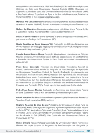 Elementos da Natureza e Propriedades do Solo 6 Sobre os Organizadores 215
em Agronomia pela Universidade Federal da Paraíba (2004), Mestrado em Agronomia
(Ciências do Solo) pela Universidade Estadual Paulista (2006), Doutorado em
Agronomia (Ciências do Solo) pela Universidade Federal Rural de Pernambuco (2009)
e Pós-Doutorado em Engenharia de Água e do Solo pela Universidade Estadual de
Campinas (2013). E-mail: mcesarsolos@gmail.com
Monaliza Ana Gonzatto Discente em Engenharia Agronômica das Faculdades Unidas
do Vale do Araguaia (UNIVAR). E-mail para contato: monalizagonzatto@hotmail.com
Nailson da Silva Alves Graduação em Agronomia pela Universidade Federal do Sul
e Sudeste do Pará; E-mail para contato: nailsonalvess@hotmail.com
Natália Coelho Ferreira Superior completo (Ciências biológicas bacharelado) Pós-
graduando em Ecologia de Ecossistemas (MS)
Nicole Geraldine de Paula Marques Witt Graduação em Ciências Biológicas pela
UFPR; Mestrado em Produção Vegetal pela Universidade UFPR; E-mail para contato:
nicolemw@colegiomedianeira.g12.br
Pamela Suame Bezerra Moura Formação: Graduada em Licenciatura em Ciências
Naturais-Biologia (Universidade do Estado do Pará). Especialização em Gestão Hídrica
e Ambiental pela Universidade Federal do Pará. E-mail para contato: suamelemos@
yahoo.com.br
Paulo Cesar Conceição Professor da Universidade Tecnológica Federal do
Paraná; Membro do corpo docente do Programa de Pós-Graduação em Agronomia
da Universidade Tecnológica Federal do Paraná; Graduação em Agronomia pela
Universidade Federal de Santa Maria; Mestrado em Agronomia pela Universidade
Federal de Santa Maria; Doutorado em Ciências do Solo pela Universidade Federal
do Rio Grande do Sul; Pós Doutorado em Manejo do Solo pela Universidade Federal
do Rio Grande do Sul; Grupo de pesquisa: Ciência do solo. Bolsista Produtividade em
Pesquisa pela Fundação CNPq; E-mail para contato: paulocesar@utfpr.edu.br
Pedro Paulo Soares Mendes Graduação em Agronomia pela Universidade Federal
do Sul e Sudeste do Pará; E-mail para contato: p3drosoares@gmail.com
Rafael Marcelino Da Silva Graduando em Agronomia pela Universidade Federal do
Tocantins. Email: r.marcelino.97@gmail.com
Regilene Angélica da Silva Souza Professora da Universidade Federal Rural da
Amazônia (UFRA); Graduação em Engenharia Agronômica pela Universidade Federal
daBahia(UFBA);MestradoemCiênciasdoSoloeNutriçãodePlantaspelaUniversidade
Federal de Lavras (UFLA); Doutorado em Ciências do Solo pela Universidade Federal
do Rio Grande do Sul (UFRGS); Pós Doutorado pela Universidade Federal de
Pernambuco (UFPe);
Reiner Olíbano Rosas Professor associado da Universidade Federal Fluminense;
Membro do corpo docente do Programa de Pós-Graduação em Geografia da
 