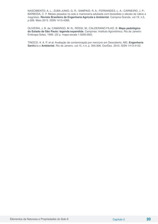 Elementos da Natureza e Propriedades do Solo 6 Capítulo 2 20
NASCIMENTO, A. L.; ZUBA JUNIO, G. R.; SAMPAIO, R. A.; FERNANDES, L. A.; CARNEIRO, J. P.;
BARBOSA, C. F. Metais pesados no solo e mamoneira adubada com biossólido e silicato de cálcio e
magnésio. Revista Brasileira de Engenharia Agrícola e Ambiental. Campina Grande, vol.19, n.5,
p.506. Maio 2015. ISSN 1415-4366.
OLIVEIRA, J. B. de; CAMARGO, M. N.; ROSSI, M.; CALDERANO FILHO, B. Mapa pedológico
do Estado de São Paulo: legenda expandida. Campinas: Instituto Agronômico; Rio de Janeiro:
Embrapa Solos, 1999. (22 p. mapa escala 1:5000:000).
TINOCO, A. A. P. et al. Avaliação de contaminação por mercúrio em Descoberto, MG. Engenharia
Sanitária e Ambiental. Rio de Janeiro, vol.15, n.4, p. 305-306. Out/Dez. 2010. ISSN 1413-4152.
 