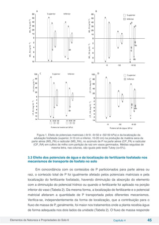 Elementos da Natureza e Propriedades do Solo 6 Capítulo 4 45
MS_PA(gVG-1)
0
10
20
30
40
50
60
a
b
c
a
b
c
a
a
b
b
a
a
ab
b
S uperior Inferior
MS_RA(gVG-1)
-10
-8
-6
-4
-2
0
a a
b
b
a
a
ab
b
A
0
10
20
30
40
50
60
a
b a0
b0
a
a
b
b
a
a
ab
b
-10
-8
-6
-4
-2
0
-9 -9-50-50
a
a
a
b
bc
a
ab
b
a
a
-9
-9
-50
-50
MS_PA(gVG-1)
S uperior
Inferior
MS_RA(gVG-1)
B
0
20
40
60
80
100
a
b
c
a
b
c
-14
-12
-10
-8
-6
-4
-2
0
a a
b
b
a
ab
c
b
-9 -9-50 -50 -9 -9-50 -50
Potencial matricial (kPa)
CP_PA(gVG-1)
S uperior Inferior
CP_RA(mgVG-1)
C
0
20
40
60
80
100
a
b
a
b
a
a
b
b
a
a
ab
b
-14
-12
-10
-8
-6
-4
-2
0
-9 -9-50-50
a
a
a
b
bc
a
b
c
a
b
-9
-9
-50
-50
Potencial de água (kPa)
CP_PA(mgVG-1)
S uperior
Inferior
CP_RA(mgVG-1)
D
Figura 1. Efeito de potenciais matriciais (-9/-9; -9/-50 e -50/-50 kPa) e da localização da
adubação fosfatada (superior, 0-10 cm e inferior, 10-20 cm) na produção de matéria seca da
parte aérea (MS_PA) e radicular (MS_RA), no acúmulo de P na parte aérea (CP_PA) e radicular
(CP_RA) em cultivo de milho com partição de raiz em vasos geminados. Médias seguidas de
mesma letra, nas colunas, são iguais pelo teste Tukey (α=5%).
3.3 Efeito dos potenciais de água e da localização do fertilizante fosfatado nos
mecanismos de transporte de fosfato no solo
Em concordância com os conteúdos de P particionados para parte aérea ou
raiz, o conteúdo total de P foi igualmente afetado pelos potenciais matriciais e pela
localização do fertilizante fosfatado, havendo diminuição da absorção do elemento
com a diminuição do potencial hídrico ou quando o fertilizante foi aplicado na porção
inferior do vaso (Tabela 2). Da mesma forma, a localização do fertilizante e o potencial
matricial afetaram a quantidade de P transportada pelos diferentes mecanismos.
Verifica-se, independentemente da forma de localização, que a contribuição para o
fluxo de massa de P, geralmente, foi maior nos tratamentos onde a planta recebia água
de forma adequada nos dois lados da unidade (Tabela 2). O fluxo de massa responde
 
