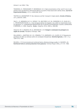 Elementos da Natureza e Propriedades do Solo 6 Capítulo 6 76
Artmed, 3. ed. 2004. 719p.
TAVAKKOLI, E.; RENGASAMY, P.; MCDONALD, G. K. High concentrations of Na+
and Cl-
íons in soil
solution have simultaneous detrimental effects on growth of faba beanunder salinity stress. Journal of
Experimental Botany, v. 61, p. 4449-4459, 2010.
TESTER, M.; DAVENPORT, R. Na+ tolerance and Na+
transport in higher plants. Annals of Botany,
v.91, p.503-527, 2003.
VALE, L. S.; MIRANDA, M. F. A.; VERAS, T. B.; BELTRÃO, N. E. M.; CARDOSO, G. D.; SILVA, M. I.
L.; ANUNCIAÇÃO-FILHO, C. J. Uso de águas salinas de irrigação e seu efeito no crescimento inicial
do algodoeiro. In. CONGRESSO BRASILEIRO DE PLANTAS OLEAGINOSAS, ÓLEOS, GORDURAS
E BIODISEL, 2., 2005, Varginha. Anais... Varginha: UFLA, 2005, p. 366-369.
VILELA S. W. V.; SOUSA D. M. G.; MACEDO M. C. M. Calagem e adubação de pastagens na
região do cerrado. Planaltina: Embrapa, 1998.
WILLADINO, L.; MARTINS, M. H. B.; CÂMARA, T. R.; ANDRADE, A. G.; ALVES, G. D. Resposta de
genótipos de milho ao estresse salino em condições hidropônicas. Scientia Agricola, v. 56, n. 4, p.
1209-1213, 1999.
WILSON, J. R. Environmental and nutritional factors affecting herbage quality. In: HACKER, J.B.
Nutritional limits to animal production from pastures. Farnham Royal: CAB. p.111-131. 1982.
 