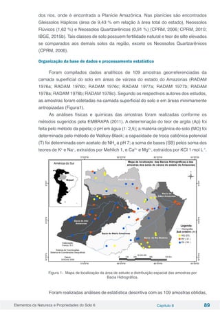 Elementos da Natureza e Propriedades do Solo 6 Capítulo 8 89
dos rios, onde é encontrada a Planície Amazônica. Nas planícies são encontrados
Gleissolos Háplicos (área de 9,43 % em relação à área total do estado), Neossolos
Flúvicos (1,62 %) e Neossolos Quartzarênicos (0,91 %) (CPRM, 2006; CPRM, 2010;
IBGE, 2015b). Tais classes de solo possuem fertilidade natural e teor de silte elevados
se comparados aos demais solos da região, exceto os Neossolos Quartzarênicos
(CPRM, 2006).
Organização da base de dados e processamento estatístico
Foram compilados dados analíticos de 109 amostras georreferenciadas da
camada superficial do solo em áreas de várzea do estado do Amazonas (RADAM
1976a; RADAM 1976b; RADAM 1976c; RADAM 1977a; RADAM 1977b; RADAM
1978a; RADAM 1978b; RADAM 1978c). Segundo os respectivos autores dos estudos,
as amostras foram coletadas na camada superficial do solo e em áreas minimamente
antropizadas (Figura1).
As análises físicas e químicas das amostras foram realizadas conforme os
métodos sugeridos pela EMBRAPA (2011). A determinação do teor de argila (Ap) foi
feita pelo método da pipeta; o pH em água (1: 2,5); a matéria orgânica do solo (MO) foi
determinada pelo método de Walkey-Black; a capacidade de troca catiônica potencial
(T) foi determinada com acetato de NH4
a pH 7; a soma de bases (SB) pelos soma dos
teores de K+
e Na+
, extraídos por Mehlich 1, e Ca2+
e Mg2+
, extraídos por KCl 1 mol L-1
.
Figura 1- Mapa de localização da área de estudo e distribuição espacial das amostras por
Bacia Hidrográfica.
Foram realizadas análises de estatística descritiva com as 109 amostras obtidas,
 