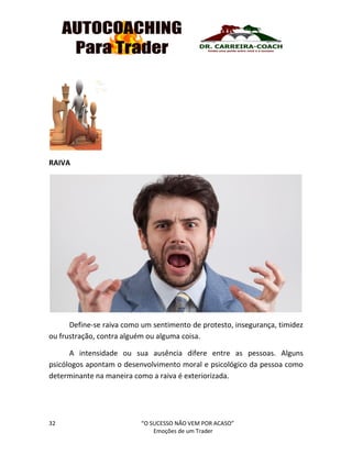 32 “O SUCESSO NÃO VEM POR ACASO”
Emoções de um Trader
RAIVA
Define-se raiva como um sentimento de protesto, insegurança, timidez
ou frustração, contra alguém ou alguma coisa.
A intensidade ou sua ausência difere entre as pessoas. Alguns
psicólogos apontam o desenvolvimento moral e psicológico da pessoa como
determinante na maneira como a raiva é exteriorizada.
 