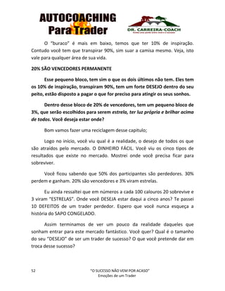 52 “O SUCESSO NÃO VEM POR ACASO”
Emoções de um Trader
O “buraco” é mais em baixo, temos que ter 10% de inspiração.
Contudo você tem que transpirar 90%, sim suar a camisa mesmo. Veja, isto
vale para qualquer área de sua vida.
20% SÃO VENCEDORES PERMANENTE
Esse pequeno bloco, tem sim o que os dois últimos não tem. Eles tem
os 10% de inspiração, transpiram 90%, tem um forte DESEJO dentro do seu
peito, estão disposto a pagar o que for preciso para atingir os seus sonhos.
Dentro desse bloco de 20% de vencedores, tem um pequeno bloco de
3%, que serão escolhidos para serem estrela, ter luz própria e brilhar acima
de todos. Você deseja estar onde?
Bom vamos fazer uma reciclagem desse capitulo;
Logo no início, você viu qual é a realidade, o desejo de todos os que
são atraídos pelo mercado. O DINHEIRO FÁCIL. Você viu os cinco tipos de
resultados que existe no mercado. Mostrei onde você precisa ficar para
sobreviver.
Você ficou sabendo que 50% dos participantes são perdedores. 30%
perdem e ganham. 20% são vencedores e 3% viram estrelas.
Eu ainda ressaltei que em números a cada 100 calouros 20 sobrevive e
3 viram “ESTRELAS”. Onde você DESEJA estar daqui a cinco anos? Te passei
10 DEFEITOS de um trader perdedor. Espero que você nunca esqueça a
história do SAPO CONGELADO.
Assim terminamos de ver um pouco da realidade daqueles que
sonham entrar para este mercado fantástico. Você quer? Qual é o tamanho
do seu “DESEJO” de ser um trader de sucesso? O que você pretende dar em
troca desse sucesso?
 