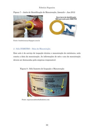 Fabrício Nogueira
30
Figura 7 – Anéis de Identificação de Manutenção, Amarelo – Ano 2012
Fonte: bombeiroecia.blogspot.com.br
2 - Selo INMETRO – Data de Manutenção.
Este selo é do serviço de inspeção técnica e manutenção de extintores, nela
consta a data da manutenção. As informações de mês e ano da manutenção
devem ser destacadas pela empresa responsável.
Figura 8 - Selo Inmetro de Inspeção e Manutenção
Fonte: segurancadotrabalhodown.com
 