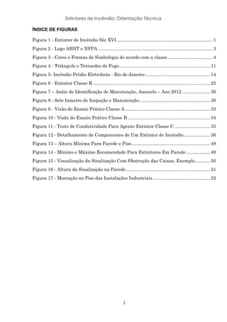 Extintores de Incêndio: Orientação Técnica
1
ÍNDICE DE FIGURAS
Figura 1 - Extintor de Incêndio Séc XVI............................................................................1	
Figura 2 - Logo ABNT e NFPA ..........................................................................................3	
Figura 3 - Cores e Formas de Simbologia de acordo com a classe....................................4	
Figura 4 - Triângulo e Tetraedro do Fogo........................................................................11	
Figura 5- Incêndio Prédio Eletrobrás - Rio de Janeiro ...................................................14	
Figura 6 - Extintor Classe K ............................................................................................25	
Figura 7 – Anéis de Identificação de Manutenção, Amarelo – Ano 2012 ......................30	
Figura 8 - Selo Inmetro de Inspeção e Manutenção........................................................30	
Figura 9 - Visão do Ensaio Prático Classe A ...................................................................33	
Figura 10 - Visão do Ensaio Prático Classe B .................................................................34	
Figura 11 - Teste de Condutividade Para Agente Extintor Classe C ............................35	
Figura 12 - Detalhamento de Componentes de Um Extintor de Incêndio.....................36	
Figura 13 – Altura Mínima Para Parede e Piso..............................................................48	
Figura 14 - Mínimo e Máximo Recomendado Para Extintores Em Parede...................49	
Figura 15 - Visualização da Sinalização Com Obstrução das Caixas, Exemplo............50	
Figura 16 - Altura da Sinalização na Parede ..................................................................51	
Figura 17 - Marcação no Piso das Instalações Industriais .............................................52	
	
 