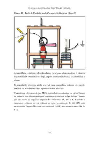 Extintores de Incêndio: Orientação Técnica
35
Figura 11 - Teste de Condutividade Para Agente Extintor Classe C
A capacidade extintora é identificada por caracteres alfanuméricos. O número
irá identificar o tamanho do fogo, depois a letra (maiúscula) irá identifica a
classe.
É importante observar ainda que há uma capacidade mínima de agente
extintor de acordo com o seu agente extintor, são elas:
O extintor de pó químico do tipo ABC é muito eficiente, pois atua em vários Classes
de Incêndio, logo é importante para o momento de combate ao foco do fogo. Observe
que ele possui as seguintes capacidades extintoras: 2A, 20B e C. Equivale a
capacidade extintora de um extintor de água pressurizada de 10L (2A), dois
extintores de Espuma Mecânica cada um com 9 L (20B); e de um extintor de CO₂ de
6 kg.
 