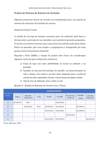 Extintores de Incêndio: Orientação Técnica
43
Projeto do Sistema de Extintor de Incêndio
Algumas premissas devem ser levadas em consideração para um projeto do
sistema de extintores de incêndio de sucesso.
Seleção do Extintor Correto
A seleção de um tipo de extintor incorreto para um ambiente pode fazer a
divisão entre o princípio de um incêndio e um incêndio de grandes proporções.
O uso de um extintor incorreto para uma classe de incêndio pode gerar danos
físicos ao operador, pois nem sempre o equipamento é manipulado por uma
pessoa possui treinamento adequado.
Segundo o Seito (2008), a criação do projeto deve levar em consideração
algumas variáveis para seleção dos extintores:
a) Classe de fogo com maior probabilidade de ocorrer no ambiente a ser
protegido
b) Tamanho do mais provável princípio de incêndio, seu desenvolvimento de
calor e fumaça. Esse último é um fator muito importante para a escolha de
extintor de maior capacidade extintora e maior alcance do agente extintor.
c) Tipo de risco da edificação: baixo, médio ou alto.
Quadro 6 - Seleção de Extintor de Acordo Com a Classe
CLASSE DE
FOGO
AGENTE EXTINTOR
Água
Espuma
Mecânica
CO₂ Pó BC Pó ABC
Pó Químico
Especial
Haloge-
nados
Líquidos
Especiais
A Excelente Bom - - Muito Bom - - -
B - Excelente Bom Excelente Excelente - Excelente -
C Muito Bom Muito Bom - Excelente -
D - - - - - Muito Bom - -
K - - - Muito Bom Muito Bom - - Excelente
Fonte: Brentano, 2005
 