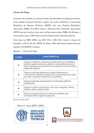 Extintores de Incêndio: Orientação Técnica
3
Classes de Fogo:
As classes de incêndio, ou classes de fogo, são abordados em algumas normas.
Como padrão nacional devemos sempre usar como referência a Associação
Brasileira de Normas Técnicas (ABNT) com suas Normas Brasileiras
Aprovadas (NBR). Nos EUA temos a National Fire Protection Association
(NFPA) que por muitas vezes serve de base para nossas NBRs. Na Europa, a
maior parte segue a ISO (International Organization Standartization).
Com base na NBR 12693, nas ISO 7165 e ISO 3941, temos 4 classes de
Incêndio: A, B, C e D. Já a NFPA 10, desde 1998, além destas quatro classes,
aponta a CLASSE K, vejamos:
Quadro 1 - Classes de Fogo
CLASSE CARACTERÍSTICAS
A
Fogo em materiais combustíveis sólidos tais como: Madeiras,
tecidos, papéis, borrachas, plásticos termoestáveis e outras
fibras orgânicas que queimem em superfície e em seu interior
deixando resíduos;
B
Fogo envolvendo líquidos e/ou gases inflamáveis ou
combustíveis, plásticos e graxas, que se liquefazem por ação
do calor e queimam somente em superfície;
C
Fogo envolvendo equipamentos e instalações elétricas
energizados;
D
Fogo em metais combustíveis, tais como: magnésio, titânio,
zircônio, sódio, potássio e lítio.
K
Fogo em equipamentos de cozinha ou similares que
envolvem óleos vegetais e gorduras.
Fonte: O Autor, 2017.
Figura 2 - Logo ABNT e NFPA
 