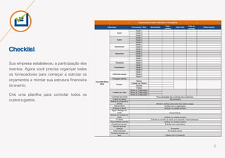 6
Checklist
Sua empresa estabeleceu a participação dos
eventos. Agora você precisa organizar todos
os fornecedores para começar a solicitar os
orçamentos e montar sua estrutura financeira
do evento.
Crie uma planilha para controlar todos os
custos e gastos.
Fornecedor / Item Quantidade
Valor
unitário
Valor total
Data de
entrega
Observações
Opção 1
Opção 2
Opção 3
Opção 1
Opção 2
Opção 3
Opção 1
Opção 2
Opção 3
Opção 1
Opção 2
Opção 3
Opção 1
Opção 2
Transporte Opção 3
Opção 1
Opção 2
Opção 3
Opção 1
Opção 2
Opção 3
Passagem aéreas
Blocos
Canetas de Plástico
Sacolas
Folders
Nome do Colaborador
Nome do Colaborador
Nome do Colaborador
Cordinhas de crachá
Coletor de dados
Mailing de prospects e
clientes
Internet Stand
Energia no stand
Água e desague no
stand
Extintor de incêndio no
stand
TV Stand
Taxa prefeitura (evento)
Credenciais terceiro
Inserção gratuita
catálogo
Estacionamento
Produtos lançados na
feira
Cartões de Visita
Brindes
Orçamentos e custos / Recursos / Cronograma
Descrição
Buffet
Uniformes equipe
Verificar no contrato da feira.
Montar e verificar, para envio de e-mails e peças.
Verificar com o organizador.
Verificar no contrato da feira.
Da promotora.
Para substituíção das cordinhas das credenciais.
Da promotora
Stand
Concrete Show
2015
Hospedagem
Atendimento
Segurança
Checar com o Comercial.
Solicitar com a promotora.
Promotora.
Do local do evento.
Verificar no contrato da feira.
Solicitar no contrato do stand, pois depende o layout planejado.
 
