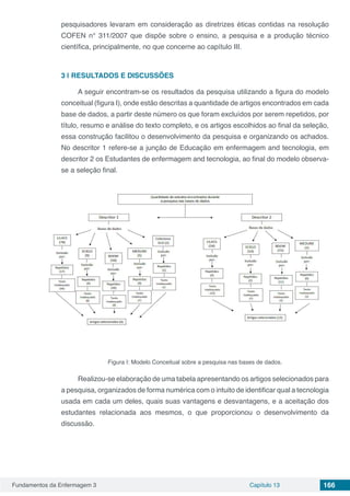 Fundamentos da Enfermagem 3 Capítulo 13 166
pesquisadores levaram em consideração as diretrizes éticas contidas na resolução
COFEN n° 311/2007 que dispõe sobre o ensino, a pesquisa e a produção técnico
científica, principalmente, no que concerne ao capítulo III. 
3 | 	RESULTADOS E DISCUSSÕES
A seguir encontram-se os resultados da pesquisa utilizando a figura do modelo
conceitual (figura I), onde estão descritas a quantidade de artigos encontrados em cada
base de dados, a partir deste número os que foram excluídos por serem repetidos, por
título, resumo e análise do texto completo, e os artigos escolhidos ao final da seleção,
essa construção facilitou o desenvolvimento da pesquisa e organizando os achados.
No descritor 1 refere-se a junção de Educação em enfermagem and tecnologia, em
descritor 2 os Estudantes de enfermagem and tecnologia, ao final do modelo observa-
se a seleção final.
Figura I: Modelo Conceitual sobre a pesquisa nas bases de dados.
Realizou-se elaboração de uma tabela apresentando os artigos selecionados para
a pesquisa, organizados de forma numérica com o intuito de identificar qual a tecnologia
usada em cada um deles, quais suas vantagens e desvantagens, e a aceitação dos
estudantes relacionada aos mesmos, o que proporcionou o desenvolvimento da
discussão.
 