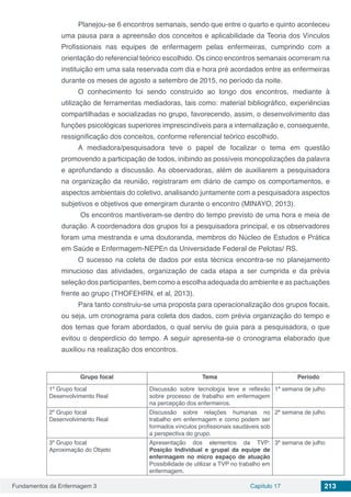 Fundamentos da Enfermagem 3 Capítulo 17 213
Planejou-se 6 encontros semanais, sendo que entre o quarto e quinto aconteceu
uma pausa para a apreensão dos conceitos e aplicabilidade da Teoria dos Vínculos
Profissionais nas equipes de enfermagem pelas enfermeiras, cumprindo com a
orientação do referencial teórico escolhido. Os cinco encontros semanais ocorreram na
instituição em uma sala reservada com dia e hora pré acordados entre as enfermeiras
durante os meses de agosto a setembro de 2015, no período da noite.
O conhecimento foi sendo construído ao longo dos encontros, mediante à
utilização de ferramentas mediadoras, tais como: material bibliográfico, experiências
compartilhadas e socializadas no grupo, favorecendo, assim, o desenvolvimento das
funções psicológicas superiores imprescindíveis para a internalização e, consequente,
ressignificação dos conceitos, conforme referencial teórico escolhido.
A mediadora/pesquisadora teve o papel de focalizar o tema em questão
promovendo a participação de todos, inibindo as possíveis monopolizações da palavra
e aprofundando a discussão. As observadoras, além de auxiliarem a pesquisadora
na organização da reunião, registraram em diário de campo os comportamentos, e
aspectos ambientais do coletivo, analisando juntamente com a pesquisadora aspectos
subjetivos e objetivos que emergiram durante o encontro (MINAYO, 2013).
Os encontros mantiveram-se dentro do tempo previsto de uma hora e meia de
duração. A coordenadora dos grupos foi a pesquisadora principal, e os observadores
foram uma mestranda e uma doutoranda, membros do Núcleo de Estudos e Prática
em Saúde e Enfermagem-NEPEn da Universidade Federal de Pelotas/ RS.
O sucesso na coleta de dados por esta técnica encontra-se no planejamento
minucioso das atividades, organização de cada etapa a ser cumprida e da prévia
seleção dos participantes, bem como a escolha adequada do ambiente e as pactuações
frente ao grupo (THOFEHRN, et al, 2013).
Para tanto construiu-se uma proposta para operacionalização dos grupos focais,
ou seja, um cronograma para coleta dos dados, com prévia organização do tempo e
dos temas que foram abordados, o qual serviu de guia para a pesquisadora, o que
evitou o desperdício do tempo. A seguir apresenta-se o cronograma elaborado que
auxiliou na realização dos encontros.
Grupo focal Tema Período
1º Grupo focal
Desenvolvimento Real
Discussão sobre tecnologia leve e reflexão
sobre processo de trabalho em enfermagem
na percepção dos enfermeiros.
1ª semana de julho
2º Grupo focal
Desenvolvimento Real
Discussão sobre relações humanas no
trabalho em enfermagem e como podem ser
formados vínculos profissionais saudáveis sob
a perspectiva do grupo.
2ª semana de julho
3º Grupo focal
Aproximação do Objeto
Apresentação dos elementos da TVP:
Posição Individual e grupal da equipe de
enfermagem no micro espaço de atuação
Possibilidade de utilizar a TVP no trabalho em
enfermagem.
3ª semana de julho
 