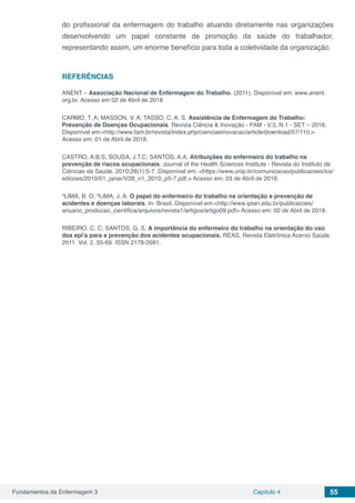 Fundamentos da Enfermagem 3 Capítulo 4 55
do profissional da enfermagem do trabalho atuando diretamente nas organizações
desenvolvendo um papel constante de promoção da saúde do trabalhador,
representando assim, um enorme benefício para toda a coletividade da organização.
REFERÊNCIAS
ANENT – Associação Nacional de Enfermagem do Trabalho. (2011). Disponível em: www.anent.
org.br. Acesso em 02 de Abril de 2018
CARMO, T. A; MASSON, V. A; TASSO, C. A. S. Assistência de Enfermagem do Trabalho:
Prevenção de Doenças Ocupacionais. Revista Ciência & Inovação - FAM - V.3, N.1 - SET – 2016.
Disponível em:<http://www.fam.br/revista/index.php/cienciaeinovacao/article/download/57/110.>
Acesso em: 01 de Abril de 2018.
CASTRO, A.B.S; SOUSA, J.T.C; SANTOS, A.A. Atribuições do enfermeiro do trabalho na
prevenção de riscos ocupacionais. Journal of the Health Sciences Institute - Revista do Instituto de
Ciências da Saúde. 2010;28(1):5-7. Disponível em: <https://www.unip.br/comunicacao/publicacoes/ics/
edicoes/2010/01_janar/V28_n1_2010_p5-7.pdf.> Acesso em: 03 de Abril de 2018.
A
LIMA, B. O; B
LIMA, J. A. O papel do enfermeiro do trabalho na orientação e prevenção de
acidentes e doenças laborais. In: Brasil. Disponível em:<http://www.iptan.edu.br/publicacoes/
anuario_producao_cientifica/arquivos/revista1/artigos/artigo09.pdf> Acesso em: 02 de Abril de 2018.
RIBEIRO, C. C; SANTOS, G. S. A importância do enfermeiro do trabalho na orientação do uso
dos epi’s para a prevenção dos acidentes ocupacionais. REAS, Revista Eletrônica Acervo Saúde.
2011. Vol. 2, 55-69. ISSN 2178-2091.
 