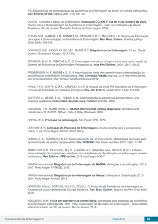 Fundamentos da Enfermagem 3 Capítulo 5 67
P.C. Experiências de sistematização da assistência de enfermagem no Brasil: um estudo bibliográfico.
Rev. Enferm, UFSM. set/dez 2011; 1(3): 461-471.
COFEN - Conselho Federal de Enfermagem. Resolução COFEN nº 358 de 15 de outubro de 2009.
Dispõe sobre a Sistematização da Assistência de Enfermagem – SAE nas instituições de Saúde
Brasileiras. Rio de Janeiro: Conselho Federal de Enfermagem, 2009.
CUBAS, M.R., GARCIA, T.R., BONNET, M., OTEMAIER, K.R., MALUCELLI, A. Sistema de Informação
para apoio à Sistematização da Assistência de Enfermagem. Rev. Bras. Enferm, Brasília, jul/Ago
2010; 63(4): 629-636.
DOENGES, M.E., MOORHOUSE, M.F., MURR, A.C. Diagnósticos de Enfermagem. 12. ed. Rio de
Janeiro: Guanabara Koogan, 2011.727p.
FONSECA, R. M. P.; PENICHE A. C. G. Enfermagem em centro cirúrgico: trinta anos após criação do
Sistema de Assistência de Enfermagem Perioperatória. Acta Paul Enferm. 2009; 22(4):428-33.
FREIBERGER, M. F, MUDREY, E. S., A importância da visita pré-operatória para sistematização da
assistência de enfermagem perioperatória. Rev. Científica FAEMA, mai-out, 2011 http://www.faema.
edu.br/revistas/index. php/Revista-FAEMA/article/view/96/72
FRIAS, T.F.P., COSTA, C.M.A., SAMPAIO, C.E.P. O Impacto da Visita Pré-Operatória de Enfermagem
no Nível de Ansiedade de Pacientes Cirúrgicos. Rev. Min Enferm Jul/Set 2010; 14(3): 345-636.
GRITTEM, L., MEIER, J. M., PERES, A. M. Sistematização da assistência perioperatória: uma
pesquisa qualitativa. Online braz. Journal. nurs. (Online); 8(3)dez. 2009.
HERDMAN, T. H., KAMITSURU, S. NANDA International nursing diagnoses: definitions and
classification 2018-2020. 11th ed. Oxford: Wiley Blackwell, 2018.
HORTA, W. A. Processo de enfermagem. São Paulo: EPU, 1979.
LEFEVRE A. R. Aplicação do Processo de Enfermagem: uma ferramenta para o pensamento
crítico. 7. ed. Porto Alegre: Artmed, 2010. 303 p.
LEMOS, C. S., SUPRIANO, M.L.F. Desenvolvimento de um instrumento: Metodologia de ensino para
aprimoramento da prática perioperatória. Rev. SOBECC, São Paulo. out./Nov 2013; 18(4): 57-69.
MONTEIRO, D.R.; PEDROSO, M.L.R., LUCENA, A.F., ALMEIDA, M.A., MOTTA, M.G.C. Estudos
sobre validação de conteúdo em interface com os sistemas de classificação em enfermagem: revisão
de literatura. Rev Enferm UFPE on line. 2013 mai;7(esp):4130-7.
NANDA Internacional. Diagnósticos de Enfermagem da NANDA: definições e classificações, 2015-
2017. Porto Alegre: ARTMED, 2015.
NANDA Internacional. Diagnósticos de enfermagem da Nanda: Definições e Classificação 2012-
2014. Porto Alegre: Artmed, 2013.
NÓBREGA, M.M.L., SOARES, M.J.G.O., FELIX, L.G. Protocolo de Assistência de enfermagem ao
Paciente pré e pós-operatório de Cirurgia Bariátrica. Rev. Bras. Enferm, Brasília, jan/Fev 2012; 65(1):
83-91.
NOGUEIRA, M.M. Visita pré-operatória ao cliente idoso: estratégias para expansão da assistência
de enfermagem sistematizada. 2011. 106p. Dissertação de Mestrado em Enfermagem – Universidade
federal do estado do RIO de Janeiro, Rio de Janeiro, 2011.
 