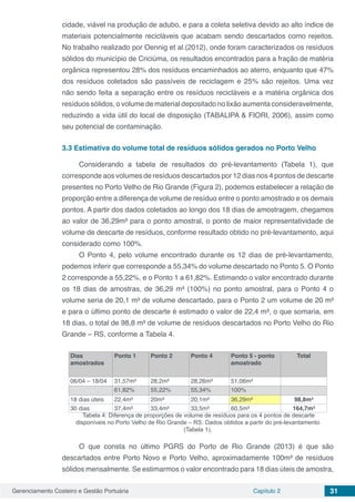Gerenciamento Costeiro e Gestão Portuária Capítulo 2 31
cidade, viável na produção de adubo, e para a coleta seletiva devido ao alto índice de
materiais potencialmente recicláveis que acabam sendo descartados como rejeitos.
No trabalho realizado por Oennig et al.(2012), onde foram caracterizados os resíduos
sólidos do município de Criciúma, os resultados encontrados para a fração de matéria
orgânica representou 28% dos resíduos encaminhados ao aterro, enquanto que 47%
dos resíduos coletados são passíveis de reciclagem e 25% são rejeitos. Uma vez
não sendo feita a separação entre os resíduos recicláveis e a matéria orgânica dos
resíduos sólidos, o volume de material depositado no lixão aumenta consideravelmente,
reduzindo a vida útil do local de disposição (TABALIPA & FIORI, 2006), assim como
seu potencial de contaminação.
3.3	Estimativa do volume total de resíduos sólidos gerados no Porto Velho
Considerando a tabela de resultados do pré-levantamento (Tabela 1), que
corresponde aos volumes de resíduos descartados por 12 dias nos 4 pontos de descarte
presentes no Porto Velho de Rio Grande (Figura 2), podemos estabelecer a relação de
proporção entre a diferença de volume de resíduo entre o ponto amostrado e os demais
pontos. A partir dos dados coletados ao longo dos 18 dias de amostragem, chegamos
ao valor de 36,29m³ para o ponto amostral, o ponto de maior representatividade de
volume de descarte de resíduos, conforme resultado obtido no pré-levantamento, aqui
considerado como 100%.
O Ponto 4, pelo volume encontrado durante os 12 dias de pré-levantamento,
podemos inferir que corresponde a 55,34% do volume descartado no Ponto 5. O Ponto
2 corresponde a 55,22%, e o Ponto 1 a 61,82%. Estimando o valor encontrado durante
os 18 dias de amostras, de 36,29 m³ (100%) no ponto amostral, para o Ponto 4 o
volume seria de 20,1 m³ de volume descartado, para o Ponto 2 um volume de 20 m³
e para o último ponto de descarte é estimado o valor de 22,4 m³, o que somaria, em
18 dias, o total de 98,8 m³ de volume de resíduos descartados no Porto Velho do Rio
Grande – RS, conforme a Tabela 4.
Dias
amostrados
Ponto 1 Ponto 2 Ponto 4 Ponto 5 - ponto
amostrado
Total
06/04 – 18/04 31,57m³ 28,2m³ 28,26m³ 51,06m³
61,82% 55,22% 55,34% 100%
18 dias úteis 22,4m³ 20m³ 20,1m³ 36,29m³ 98,8m³
30 dias 37,4m³ 33,4m³ 33,5m³ 60,5m³ 164,7m³
Tabela 4: Diferença de proporções de volume de resíduos para os 4 pontos de descarte
disponíveis no Porto Velho de Rio Grande – RS. Dados obtidos a partir do pré-levantamento
(Tabela 1).
O que consta no último PGRS do Porto de Rio Grande (2013) é que são
descartados entre Porto Novo e Porto Velho, aproximadamente 100m³ de resíduos
sólidos mensalmente. Se estimarmos o valor encontrado para 18 dias úteis de amostra,
 