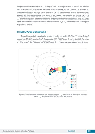 Gerenciamento Costeiro e Gestão Portuária Capítulo 3 39
receptora localizada na FURG – Campus São Lourenço do Sul e, então, via internet
para a FURG – Campus Rio Grande. Valores de Hs
foram calculados através do
software W@ves21 (W21) a partir da média de 1/3 das maiores alturas de ondas, pelo
método do zero-ascendente (DATAWELL BV, 2006). Parâmetros de ondas (Hs
, Tp
e
Dp
) foram divulgados em tempo real no endereço eletrônico redeondas.furg.br. Após,
foram calculadas as frequências de ocorrências de Hs
e Tp
, de acordo com as direções
de pico das ondas.
3 | 	RESULTADOS E DISCUSSÃO
Durante o período analisado, ondas com Dp
de leste (33,3%), Tp
entre 2,5 e 3
segundos (25,6%) e entre 3 e 3,5 segundos (22,1%) (Figura 2), e Hs
de até 0,3 metros
(41,2%) e de 0,3 a 0,6 metros (38%) (Figura 3) ocorreram com maiores frequências.
Figura 2: Frequência de ocorrência dos períodos de pico (Tp
) em função da direção de pico das
ondas (Dp
) no período entre 27/01/2015 a 30/06/2015.
 