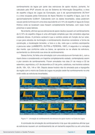 Gerenciamento Costeiro e Gestão Portuária Capítulo 5 63
sombreamento da lagoa por parte das estruturas de apoio náutico, portanto, foi
calculado pelo IPUF através do uso de Sistema de Informação Geográfica, a área
do espelho d’água da Lagoa da Conceição, que é de aproximadamente 20,7km²
e a área ocupada pelas Estruturas de Apoio Náutico no espelho d´água, que é de
aproximadamente 0,03km². Calculando com os dados levantados, estas poderiam
causar perda luminosa em uma área equivalente a 0,14% do espelho d´água do Corpo
Hídrico onde se localizam caso fossem completamente fechadas, com ripas muito
próximas e saias laterais.
No entanto, afirmar que as estruturas de apoio náutico causam um sombreamento
de 0,14% do espelho d’água é uma afirmação simplista que não considera algumas
variáveis óbvias. A primeira variável é que a sombra existe em função da luz solar,
e que para estudos de iluminação e sombreamento devemos considerar a forma da
construção, a localização terrestre, a hora e o dia, visto que a sombra acompanha
o percurso solar (LAMBERTS, DUTRA e PEREIRA, 1997). A segunda é a variação
das marés, que conforme sobe ou baixa, se aproxima ou se afasta da estrutura,
aumentando ou diminuindo sua área de sombreamento.	
Dessa forma, foi feita uma simulação com uma estrutura em formato de L, com a
maré cheia e considerando um trapiche completamente vedado, contemplando assim
o pior cenário de sombreamento. Foram simulados nos dias 21 de março e 22 de
setembro, equinócios, e 21 de dezembro e 21 de junho, solstícios, nos horários solares
de 8h, 10h, 12h, 14h e 16h. Depois desse horário não foi simulado pois a topografia
da região com o morro da Costa da Lagoa na porção oeste faz sombreamento na orla
onde estão as estruturas levantadas.
Figura 11 - simulação do sombreamento de estrutura de apoio náutico na Costa da Lagoa
A conclusão da simulação de sombreamento é de que não podemos afirmar que
as estruturas causam um sombreamento de um tamanho específico ou em uma área
 