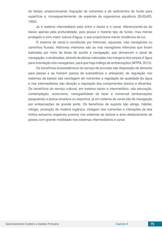 Gerenciamento Costeiro e Gestão Portuária Capítulo 6 75
do tempo, proporcionando migração de nutrientes e de sedimentos do fundo para
superfície e, consequentemente, de espécies de organismos aquáticos (SUGUIO,
1992).
Já o sistema intermediário está entre o baixio e o canal, diferenciando-se do
baixio apenas pela profundidade, pois possui o mesmo tipo de fundo, mas menos
protegido e com maior coluna d’água, o que proporciona menor incidência de luz.
O sistema de canal é constituído por hidrovias, aquavias, vias navegáveis ou
caminhos fluviais. Hidrovias interiores são as vias navegáveis interiores que foram
balizadas por meio de bóias de auxílio a navegação, que demarcam o canal de
navegação, e sinalizadas, através de placas colocadas nas margens dos corpos d´água
para orientação dos navegantes, para que haja tráfego de embarcações (MTPA, 2015).
Os benefícios ecossistêmicos do serviço de provisão são disposição de alimento
para peixes e ao homem (pesca de subsistência e artesanal); de regulação nos
sistemas de baixos são reciclagem de nutrientes e regulação de qualidade da água
e nos intermediários são diluição e regulação dos componentes tóxicos e efluentes.
Os benefícios do serviço cultural, em sistema baixio e intermediário, são educação,
contemplação, ecoturismo, navegabilidade de lazer e comercial (embarcações
pesqueiras) e pesca amadora ou esportiva, já em sistema de canal são de navegação
por embarcações de grande porte. Os benefícios de suporte são abrigo, hábitat,
refúgio, produção de matéria orgânica, ciclagem dos nutrientes e interações da teia
trófica estuarina (espécies juvenis) nos sistemas de baixios e área deslocamento de
peixes com grande motilidade nos sistemas intermediários e canal.
 