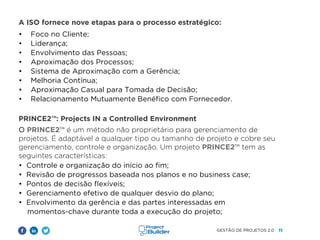 11
GESTÃO DE PROJETOS 2.0
A ISO fornece nove etapas para o processo estratégico:
• Foco no Cliente;
• Liderança;
• Envolvimento das Pessoas;
• Aproximação dos Processos;
• Sistema de Aproximação com a Gerência;
• Melhoria Contínua;
• Aproximação Casual para Tomada de Decisão;
• Relacionamento Mutuamente Benéfico com Fornecedor.
PRINCE2™: Projects IN a Controlled Environment
O PRINCE2™ é um método não proprietário para gerenciamento de
projetos. É adaptável a qualquer tipo ou tamanho de projeto e cobre seu
gerenciamento, controle e organização. Um projeto PRINCE2™ tem as
seguintes características:
• Controle e organização do início ao fim;
• Revisão de progressos baseada nos planos e no business case;
• Pontos de decisão flexíveis;
• Gerenciamento efetivo de qualquer desvio do plano;
• Envolvimento da gerência e das partes interessadas em
momentos-chave durante toda a execução do projeto;
 