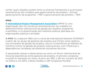 13
GESTÃO DE PROJETOS 2.0
confeir quais relações existem entre os diversos frameworks e as principais
características dos modelos para gerenciamento de projetos - Prince2,
gerenciamento de programas – MSP e gerenciamento de portfólio – MoP.
IPMA®
A International Project Management Association (IPMA®) é uma
organização sem fins lucrativos reconhecida por seu trabalho no
desenvolvimento internacional da gestão por projetos, programas
e portfólios, e na disseminação das melhores práticas aplicadas em
organizações públicas e privadas.
A IPMA foi criada em 1965 com o nome de International Network INTERNET,
a partir de um grupo de gestores de projetos que tinham como objetivo,
nos primórdios da gestão de projetos, discutir os benefícios do Método do
Caminho Crítico na gestão de projetos internacionais, com influências e
dependências complexas de diferentes disciplinas técnicas.
A associação cresceu e desenvolveu-se como um fórum internacional de
troca de experiências entre gestores de projetos. O primeiro congresso
mundial foi realizado em Viena, Áustria, em 1967, o 26º em outubro de 2012
na Grécia e, em 2014, o Brasil recebeu o 28º Congresso Mundial.
 