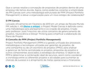 15
GESTÃO DE PROJETOS 2.0
Que o canvas resolve a concepção de propostas de projetos dentro de uma
empresa não temos dúvida. Agora, como podemos conectar a simplicidade
do PM Canvas com uma metodologia estruturada de PPM (Project Portfolio
Management) e elevar a organização para um novo estágio de colaboração?
O PM Canvas
Lançado oficialmente em Fevereiro de 2013 em um artigo da Revista Mundo
PM, edição n. 49 (Baixe o artigo), o Project Model Canvas é definido como
uma metodologia para planejamento e co-criação de projetos. Criado
pelo professor José Finocchio, ele utiliza conceitos de gerenciamento de
projetos, neurociência e Design Thinking para simplificar a elaboração do
Plano de Projeto.
O Conceito do PPM (Project Portfolio Management)
Project Portfolio Management (PPM) é a gestão unificada dos processos,
metodologias e tecnologias utilizadas por gerentes de projetos, de
uma companhia ou de um escritório de projetos (PMO), para analisar
e gerenciar de forma centralizada os projetos, propostas de projetos e
outros componentes associados à estratégia da empresa. O objetivo do
PPM é determinar a combinação ideal de recursos, assim como coordenar
a cronologia entre os diferentes projetos e atividades para aumentar as
chances de sucesso e o atingimento de metas operacionais e financeiras
 