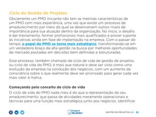 22
GESTÃO DE PROJETOS 2.0
Ciclo da Gestão de Projetos
Obviamente um PMO iniciante não tem as mesmas características de
um PMO com mais experiência, uma vez que existe um processo de
amadurecimento por meio do qual se desenvolvem outros níveis de
importância para sua atuação dentro da organização. No início, o desafio
é dar treinamento, formar profissionais mais qualificados e prover suporte
às iniciativas ainda em fase de implantação na empresa. Com o passar do
tempo, o papel do PMO se torna mais estratégico, transformando-se em
um verdadeiro braço da alta gestão na busca por melhores oportunidades
de mercado pautadas em decisões bem definidas e estruturadas.
Esse processo, também chamado de ciclo de vida de gestão de projetos,
ou ciclo de vida do PMO, é mais que natural e deve ser visto como uma
evolução da empresa na condução dos negócios, com um aumento da
consciência sobre o que realmente deve ser priorizado para gerar cada vez
mais valor à marca.
Começando pelo conceito de ciclo de vida
O ciclo de vida do PMO nada mais é do que a representação do seu
amadurecimento, que passa de atividades meramente operacionais e
técnicas para uma função mais estratégica junto aos negócios. Identificar
 