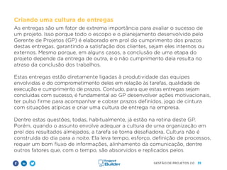 31
GESTÃO DE PROJETOS 2.0
Criando uma cultura de entregas
As entregas são um fator de extrema importância para avaliar o sucesso de
um projeto. Isso porque todo o escopo e o planejamento desenvolvido pelo
Gerente de Projetos (GP) é elaborado em prol do cumprimento dos prazos
destas entregas, garantindo a satisfação dos clientes, sejam eles internos ou
externos. Mesmo porque, em alguns casos, a conclusão de uma etapa do
projeto depende da entrega de outra, e o não cumprimento dela resulta no
atraso da conclusão dos trabalhos.
Estas entregas estão diretamente ligadas à produtividade das equipes
envolvidas e do comprometimento deles em relação às tarefas, qualidade de
execução e cumprimento de prazos. Contudo, para que estas entregas sejam
concluídas com sucesso, é fundamental ao GP desenvolver ações motivacionais,
ter pulso firme para acompanhar e cobrar prazos definidos, jogo de cintura
com situações atípicas e criar uma cultura de entrega na empresa.
Dentre estas questões, todas, habitualmente, já estão na rotina deste GP.
Porém, quando o assunto envolve adequar a cultura de uma organização em
prol dos resultados almejados, a tarefa se torna desafiadora. Cultura não é
construída do dia para a noite. Ela leva tempo, esforço, definição de processos,
requer um bom fluxo de informações, alinhamento da comunicação, dentre
outros fatores que, com o tempo, são absorvidos e replicados pelos
 