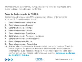 9
GESTÃO DE PROJETOS 2.0
internacional, se transformou num padrão que é fonte de inspiração para
quase todas as metodologias existentes.
Áreas de Conhecimento do PMBOK:
Conforme padronização do PMI, os processos citados anteriormente
abordam 10 áreas de conhecimento:
1.
2.
3.
4.
5.
6.
7.
8.
9.
10.
Gerenciamento de Integração
Gerenciamento do Escopo
Gerenciamento do Tempo
Gerenciamento de Custos
Gerenciamento da Qualidade
Gerenciamento de Recursos Humanos
Gerenciamento de Comunicações
Gerenciamento de Riscos
Gerenciamento das Aquisições
Stakeholders (Mais recente área de conhecimento lançada na 5ª edição,
com o objetivo de gerenciar melhor os Stakeholders, identificando e
endereçando suas necessidades para mantê-los engajados. Você pode
conferir em um dos nossos webinars quais foram as principais mudanças
do PMBOK 5ª Edição).
 