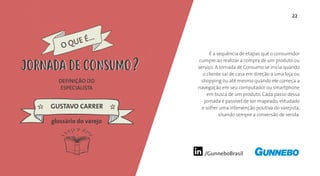 22
/GunneboBrasil
É a sequência de etapas que o consumidor
cumpre ao realizar a compra de um produto ou
serviço. A Jornada de Consumo se inicia quando
o cliente sai de casa em direção a uma loja ou
shopping ou até mesmo quando ele começa a
navegação em seu computador ou smartphone
em busca de um produto. Cada passo dessa
jornada é passível de ser mapeado, estudado
e sofrer uma intervenção positiva do varejista,
visando sempre a conversão de venda.
DEFINIÇÃO DO
ESPECIALISTA
GUSTAVO CARRER
O QUE É...
JORNADA DE CONSUMO
glossário do varejo
JORNADA DE CONSUMO
 