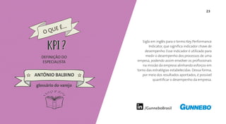 23
/GunneboBrasil
Sigla em inglês para o termo Key Performance
Indicator, que significa indicador chave de
desempenho. Esse indicador é utilizado para
medir o desempenho dos processos de uma
empesa, podendo assim envolver os profissionais
na missão da empresa alinhando esforços em
torno das estratégias estabelecidas. Dessa forma,
por meio dos resultados apontados, é possível
quantificar o desempenho da empresa.
DEFINIÇÃO DO
ESPECIALISTA
ANTÔNIO BALBINO
glossário do varejo
O QUE É...
KPIKPI
 