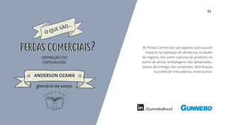 31
/GunneboBrasil
As Perdas Comerciais são aquelas que causam
impacto na operação de venda nas unidades
de negócio, tais como rupturas de produtos no
ponto de venda; embalagens não apropriadas;
prazos de entrega não cumpridos; distribuição
incorreta de mercadorias; entre outros.
DEFINIÇÃO DO
ESPECIALISTA
ANDERSON OZAWA
PERDAS COMERCIAIS
glossário do varejo
PERDAS COMERCIAIS
 