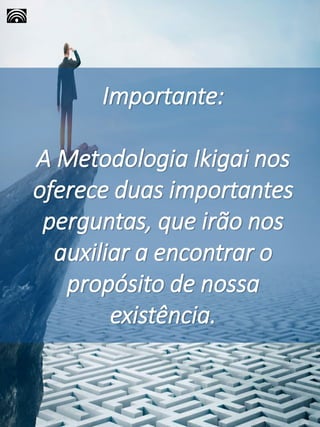 Importante:
A Metodologia Ikigai nos
oferece duas importantes
perguntas, que irão nos
auxiliar a encontrar o
propósito de nossa
existência.
 