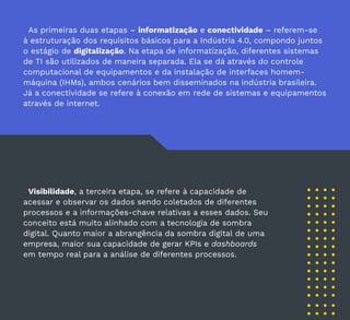 38
As primeiras duas etapas – informatização e conectividade – referem-se
à estruturação dos requisitos básicos para a Indústria 4.0, compondo juntos
o estágio de digitalização. Na etapa de informatização, diferentes sistemas
de TI são utilizados de maneira separada. Ela se dá através do controle
computacional de equipamentos e da instalação de interfaces homem-
máquina (IHMs), ambos cenários bem disseminados na indústria brasileira.
Já a conectividade se refere à conexão em rede de sistemas e equipamentos
através de internet.
Visibilidade, a terceira etapa, se refere à capacidade de
acessar e observar os dados sendo coletados de diferentes
processos e a informações-chave relativas a esses dados. Seu
conceito está muito alinhado com a tecnologia de sombra
digital. Quanto maior a abrangência da sombra digital de uma
empresa, maior sua capacidade de gerar KPIs e dashboards
em tempo real para a análise de diferentes processos.
 