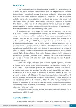 Inovações no Manejo dos Cafezais e Preparo do Café Capítulo 5 35
INTRODUÇÃO
Com o aumento da produção brasileira de café, ano após ano, torna-se inevitável
a busca por novos mercados consumidores. Além das exigências dos mercados
consumidores internacionais acerca da proteção ambiental e valorização social,
considerados grandes obstáculos encontrado à exportação do café, atualmente,
atributos sensoriais, organolépticos e sanitários do produto são ainda mais
valorizados nestes mercados. Existem vários fatores que influenciam a qualidade
final do café, dentre eles características edafoclimáticas, cultivares, condução e
manejo da lavoura, colheita, tipo de processamento, secagem, armazenamento e
fermentações enzimáticas e microbianas (Borém, 2008).
O processamento é uma etapa importante da pós-colheita, pois faz com
que ocorra a maior homogeneidade possível dos frutos, evitando possíveis
comprometimentos na qualidade da bebida. Nesta etapa, a separação dos frutos
verdes e imaturos dos frutos cerejas é fundamental para se obter uma bebida de
melhor qualidade (Wintgens, 2004). A preparação do café, a partir de frutos maduros
e com eliminação rápida da fonte de fermentação, independentemente do tipo de
processamento, se bem processada, resulta em café de boa qualidade, seja qual for
a região de produção. Existem diferentes técnicas de processamento (via úmida e via
seca) do café e a escolha do método de processamento dependerá, principalmente,
das condições de capitalização do produtor, da quantidade produzida e do padrão
desejado de qualidade (Wintgens, 2004). A maioria dos frutos de Coffea arabica
produzidos no mundo ainda são processados pelo método via seca (Masoud &
Jespersen, 2006).
Durante esta etapa, bactérias gram-positivas e gram-negativas, leveduras
e fungos filamentosos estão presentes durante os diferentes estádios (Silva
et al., 2000). Transformações químicas que ocorrem no grão de café durante o
processamento podem ser resultado da ação de enzimas contidas nos grãos ou
provenientes dos microrganismos presentes no material vegetal. A microbiota
presente no grão de café é bastante diversa e influencia diretamente a qualidade da
bebida, seja pela degradação de compostos presentes nos grãos ou pela excreção
de metabólitos (Chalfoun & Fernandes, 2013). Por este motivo, microrganismos
podem ser inoculados diretamente na matéria prima com a finalidade de se sobrepor
aos microrganismos existentes naturalmente e alterar a qualidade final da bebida
(Caplice & Fitzgerald, 1999).
Objetivou-se com este trabalho analisar a influência de diferentes leveduras na
qualidade da bebida do café.
MATERIAL E MÉTODOS
A pesquisa foi realizada na Fazenda Iracema, cuja coordenada geográfica é
 